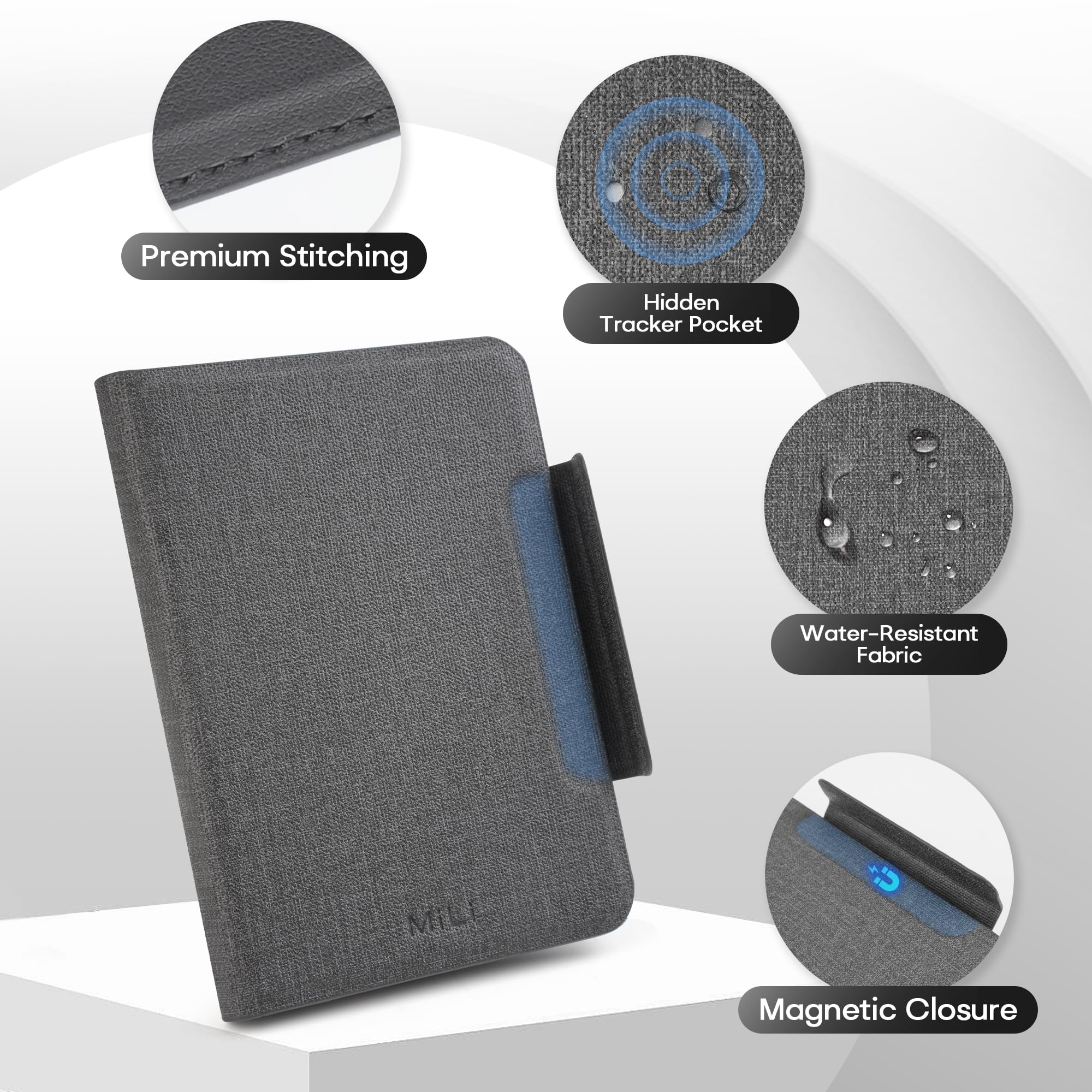 MiLi Custodia per passaporto con Apple Dov’è & Google Funzioni Trova, Tracker intelligente con tracciamento posizione, protezione RFID e ricarica wireless, accessorio da viaggio – Nero