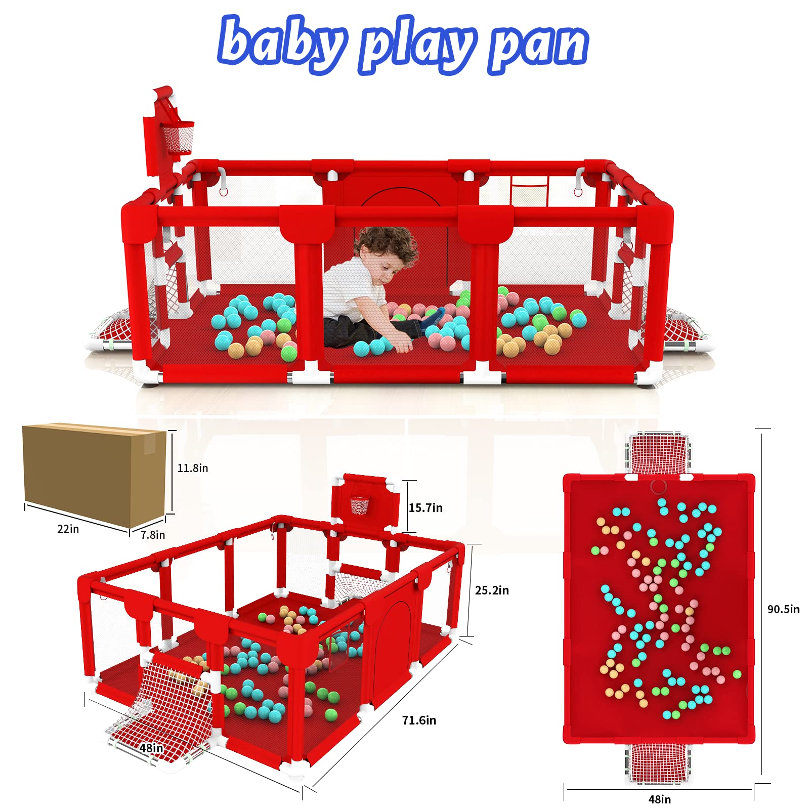 Bouncats Baby playpen, Kids Baby Ball Pit, Playpen for Babies,Indoor & Outdoor Playpen for Babies and Toddlers, Infant Safety Gates with Breath (Red)