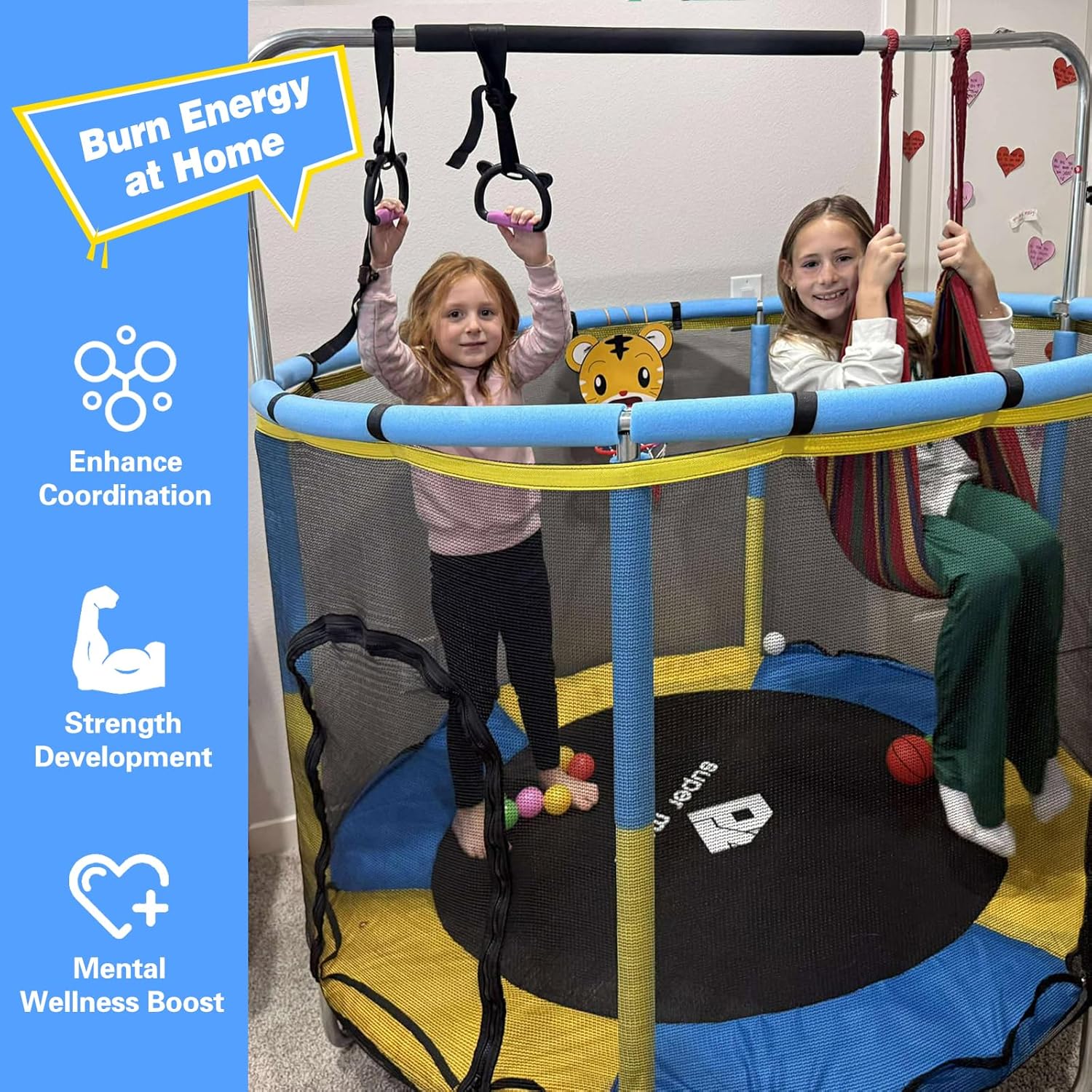 55" Indoor & Outdoor Trampoline for Kids with Enclosure, Toddler Trampoline with Adjustable Gymnastics Bar & Toys, No-Gap Safety Design