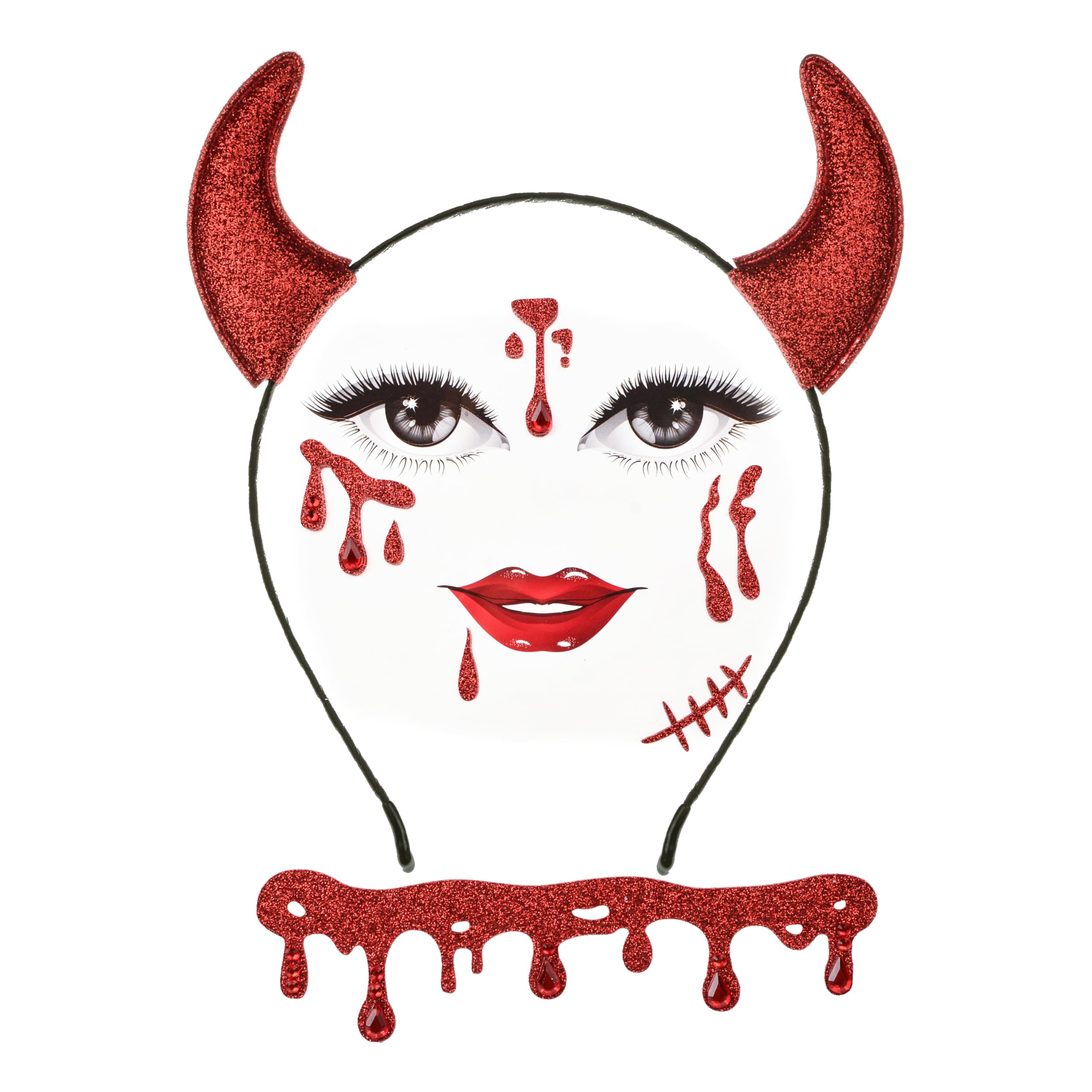 MerroyalGlitter Devil Horns Headband with Bloody Makeup Accessories Halloween Fancy Dress Cosplay Hairband Set