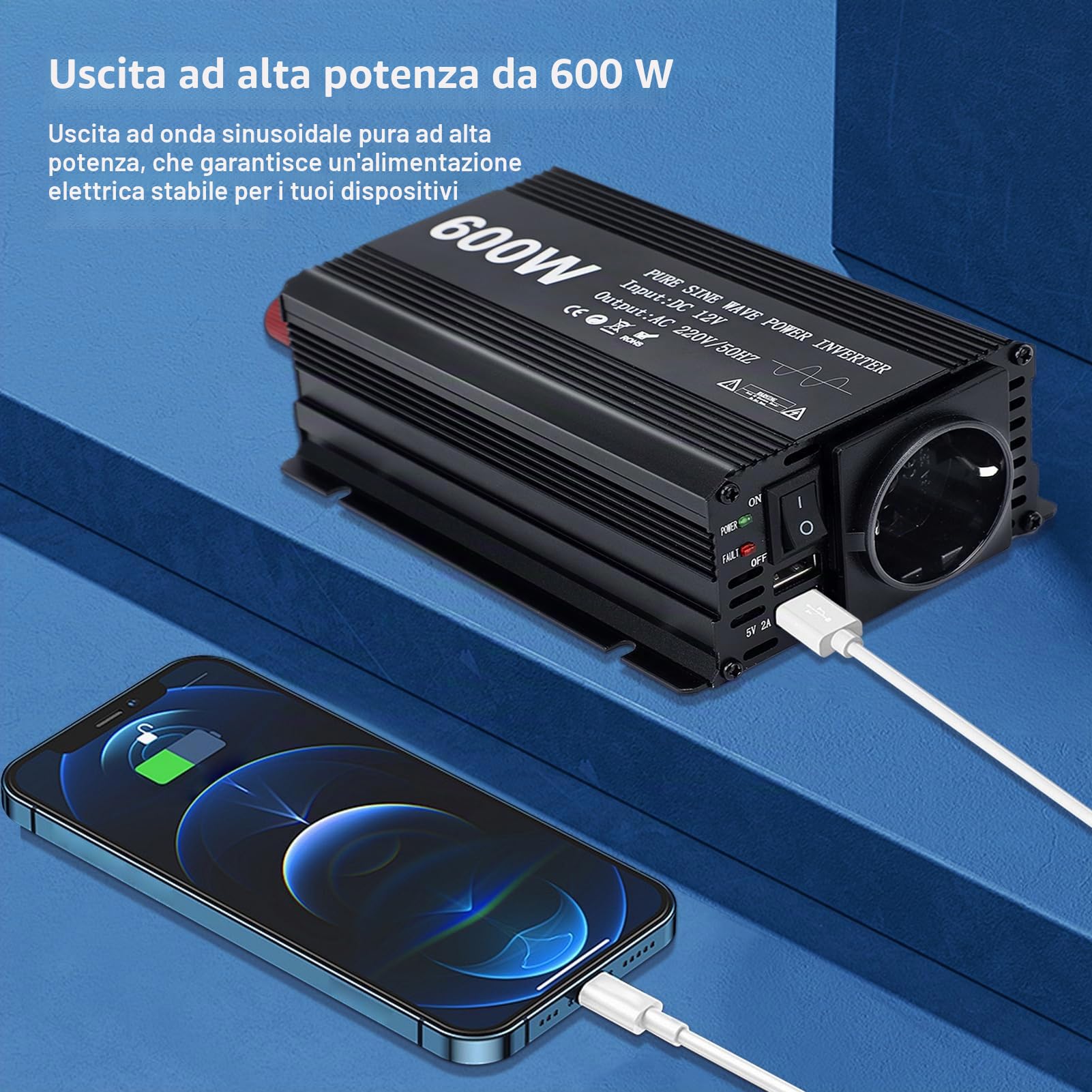 Inverter 12v 220v Onda Pura, 600W Convertitore di Tensione Onda