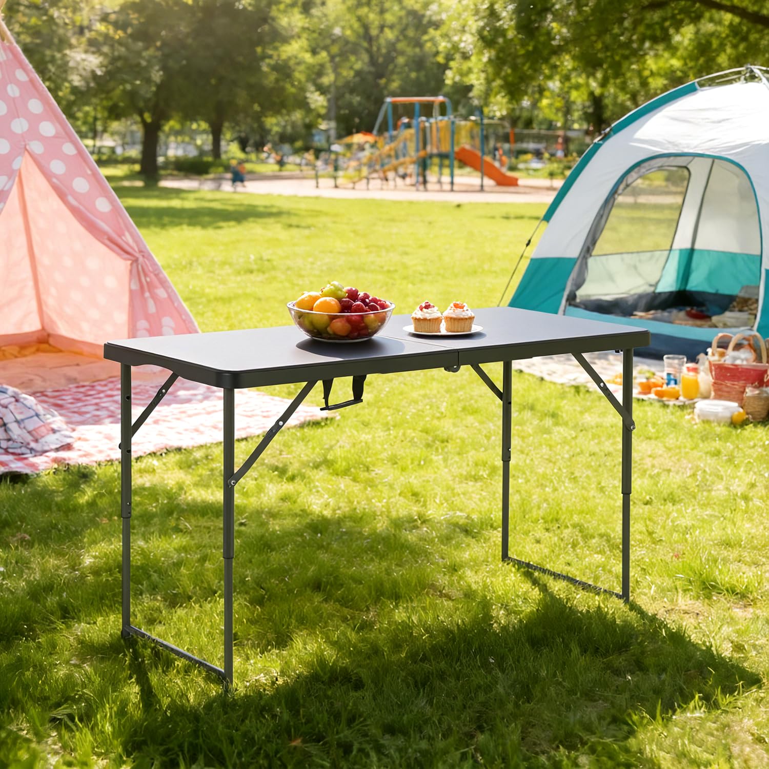 BestOffice 4 FT Picnic Table Folding Table Camping Plastic Table Fold Up Table Lock for Party Event, Black — view 2