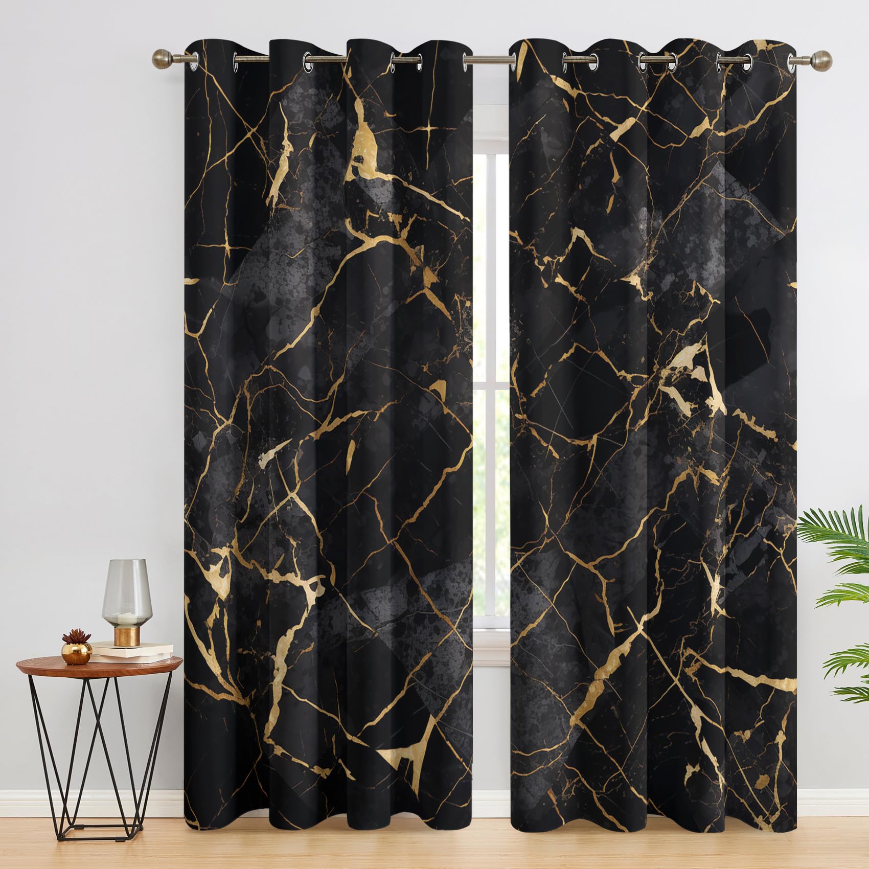 Generisch Schwarz Gold Marmor Vorhänge Blickdicht Gardinen mit Ösen, Abstrakt Modern Deko Muster Wohnzimmer Schlafzimmer Fenster Verdunklungsvorhänge, H 220 x B 140 cm 2er Set (D5-69)
