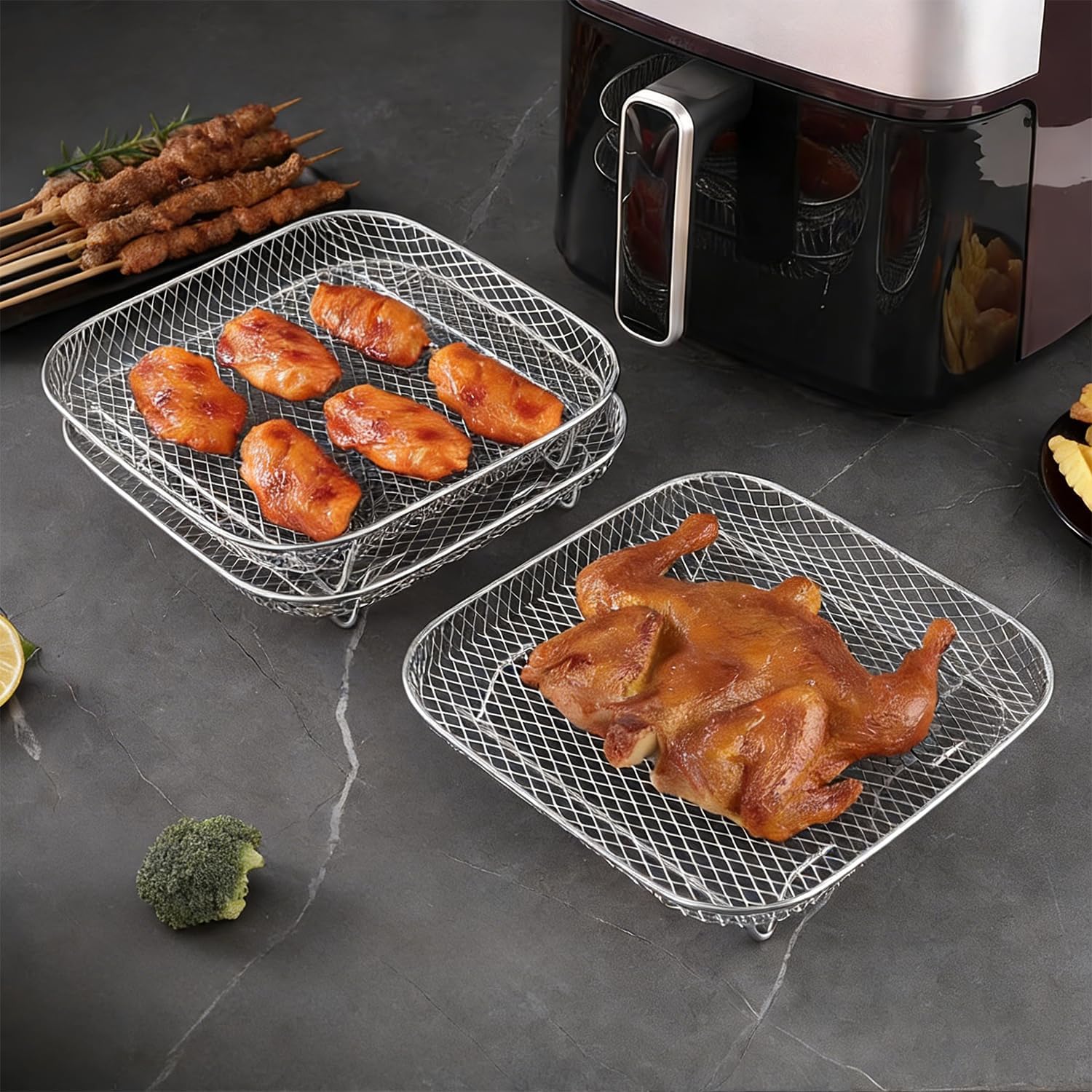 1Pc 304 Stainless Steel Air Fryer Rack Multi Purpose Oven Grill Basket (Square,20.8x4.8cm)