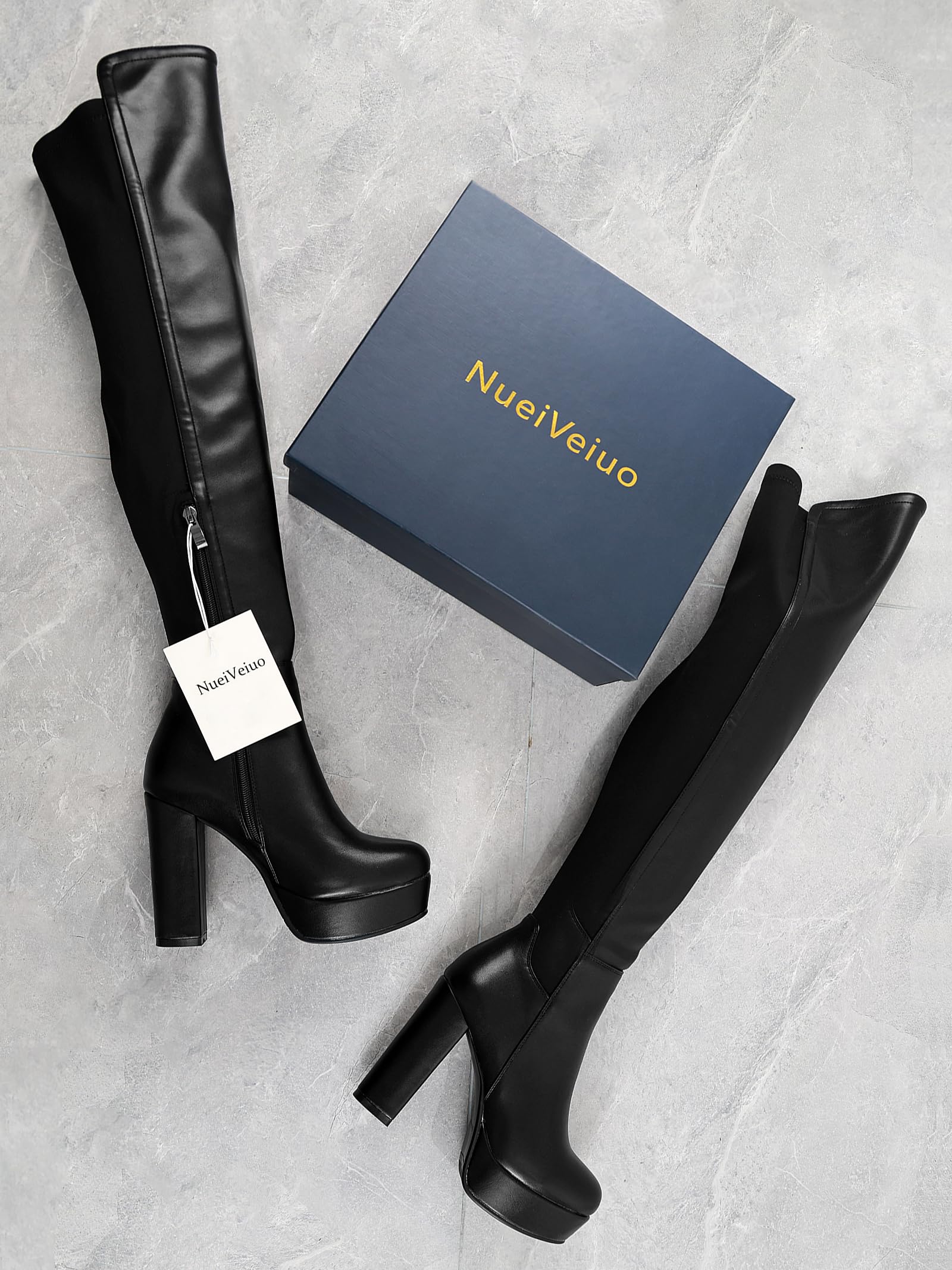 NueiVeiuo Women Thigh High Boots Chunky Heel Side Zipper