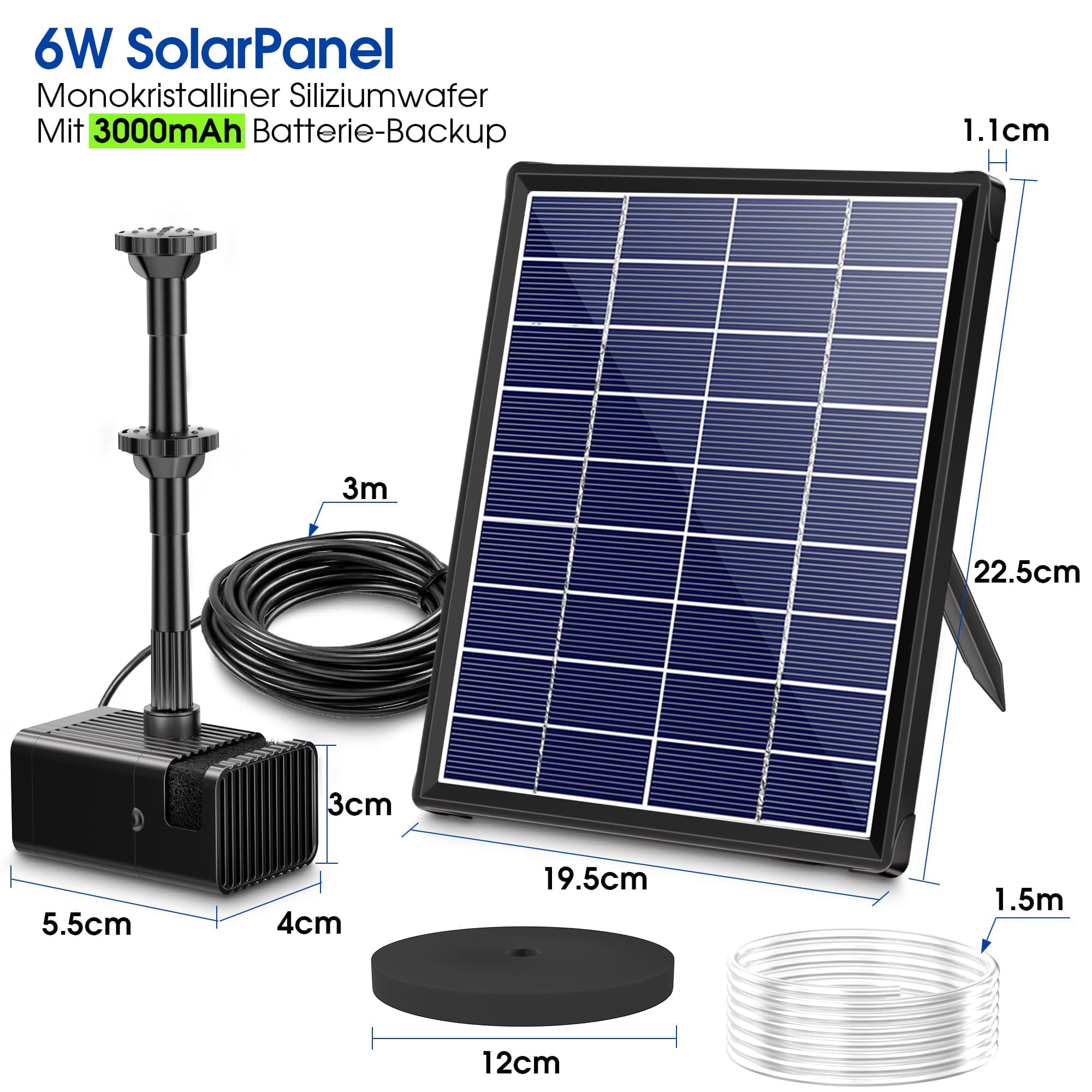 Biling 6W Solar Springbrunnen für außen mit 3000mAh Batterie Solar Teichpumpe mit Akku Solar Brunnenpumpen mit Akku, Solar Wasserpumpe Schwimmende Fontäne für Solar Wasserspiel Brunnen Draussen Teich