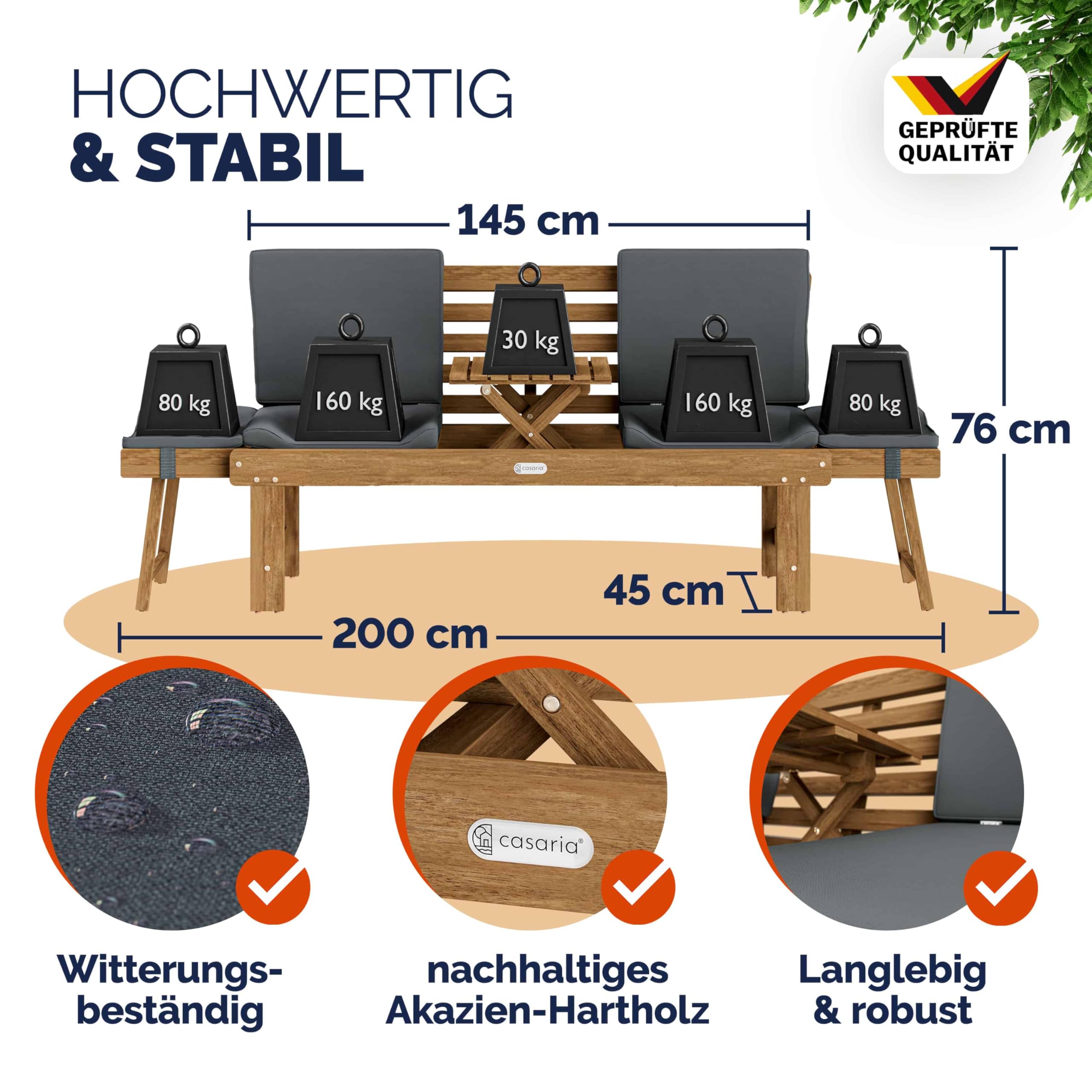 Casaria® Gartenbank Wetterfest Holz mit Tisch 200x50cm Klappbar 320kg Belastbar FSC®-Zertifiziert 3-Sitzer Garten Balkon Holzbank Akazie 3 Personen