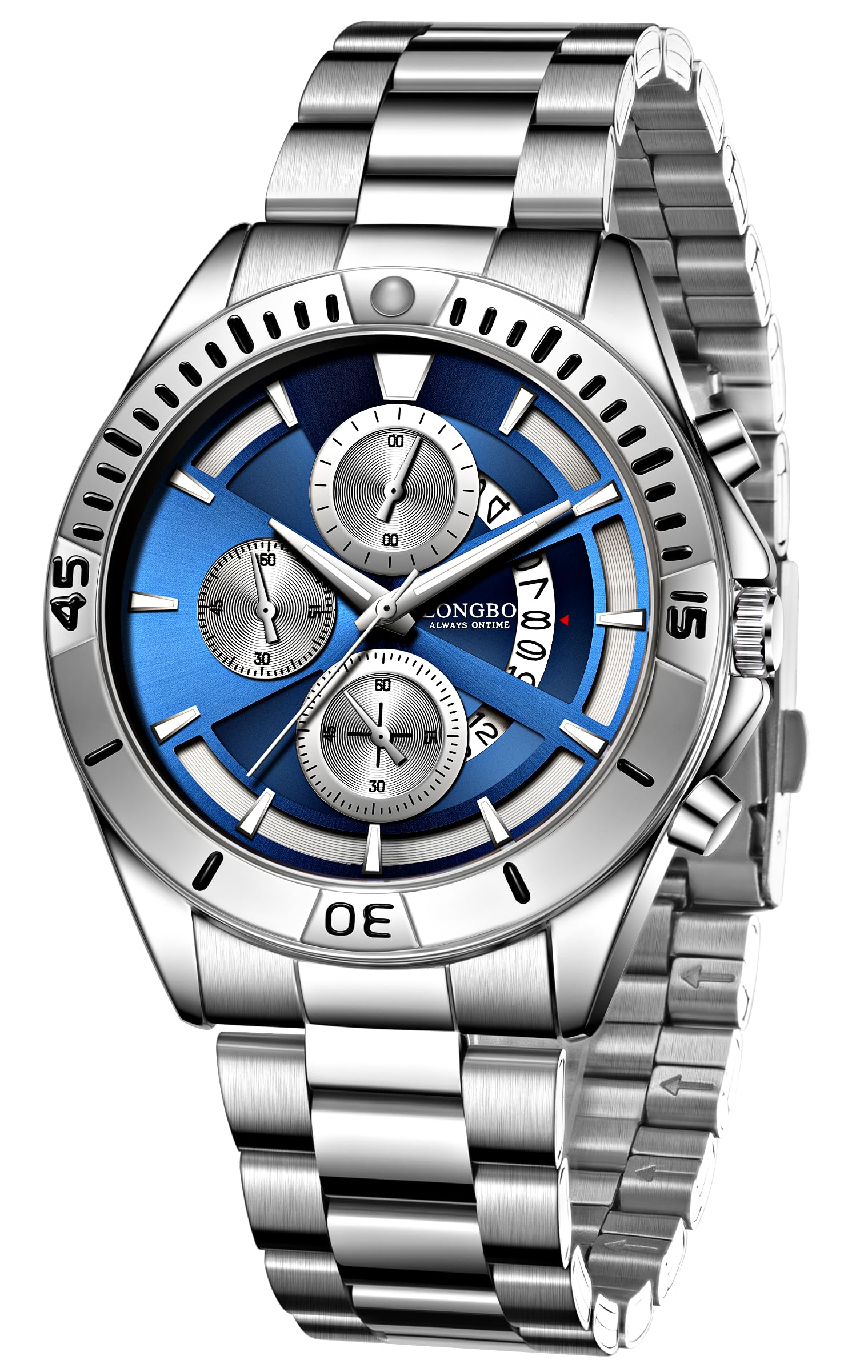 LONGBO Mens Watches Fashion Chronograph Stainless Steel Band Luxury Dress Waterproof Quartz Wristwatches for Men | Birthday Anniversary Gift for Men (Silver-Blue) (B0D6BV2B4Z) Amazon Price History, Amazon Price Tracker