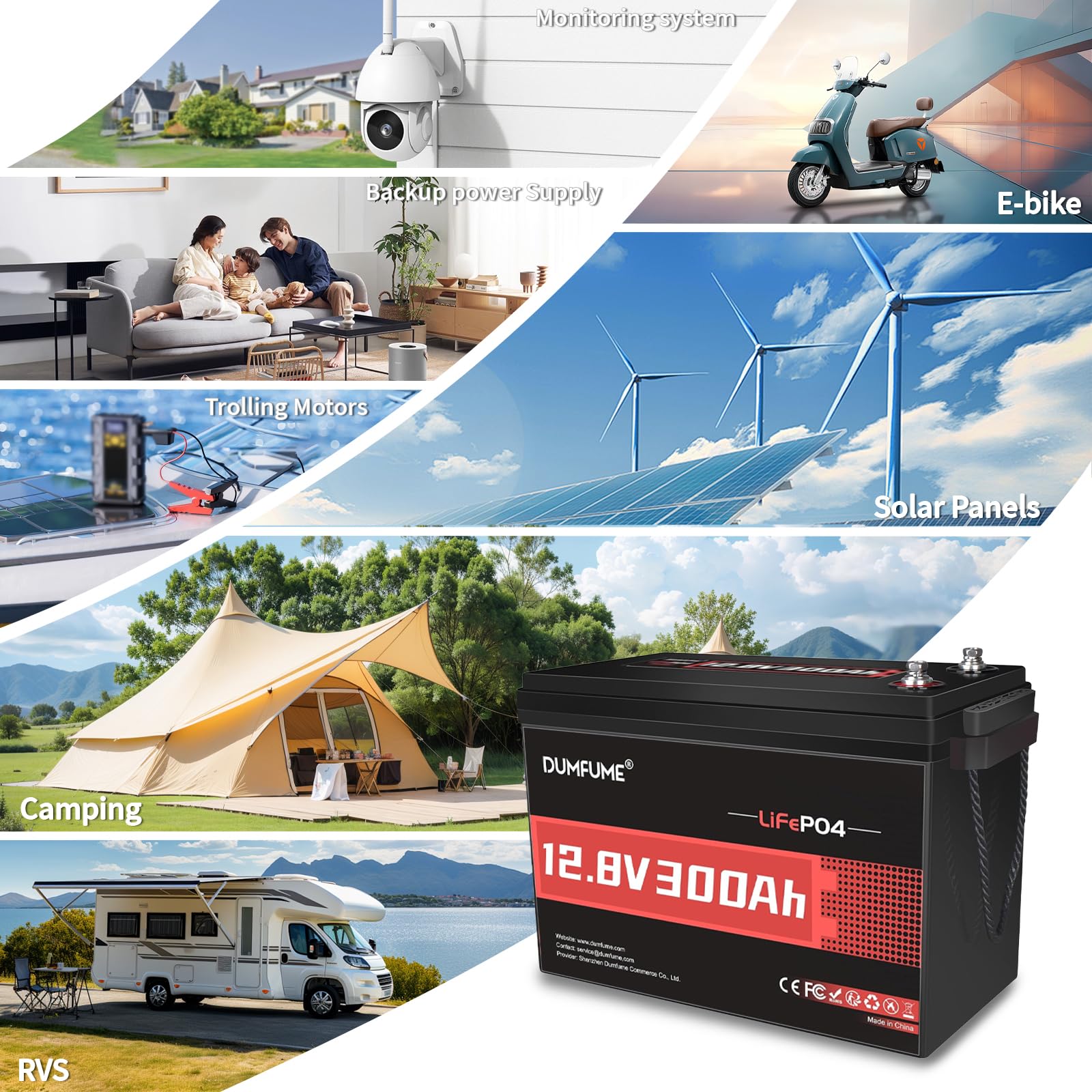 Dumfume 12V 300Ah Batteria al Litio LiFePO4-15.000 Cicli Profondi, BMS 200A, 3840W Per Accumulo Solare, Alimentazione di Emergenza, Camper, Campeggio & Applicazioni Off-Grid