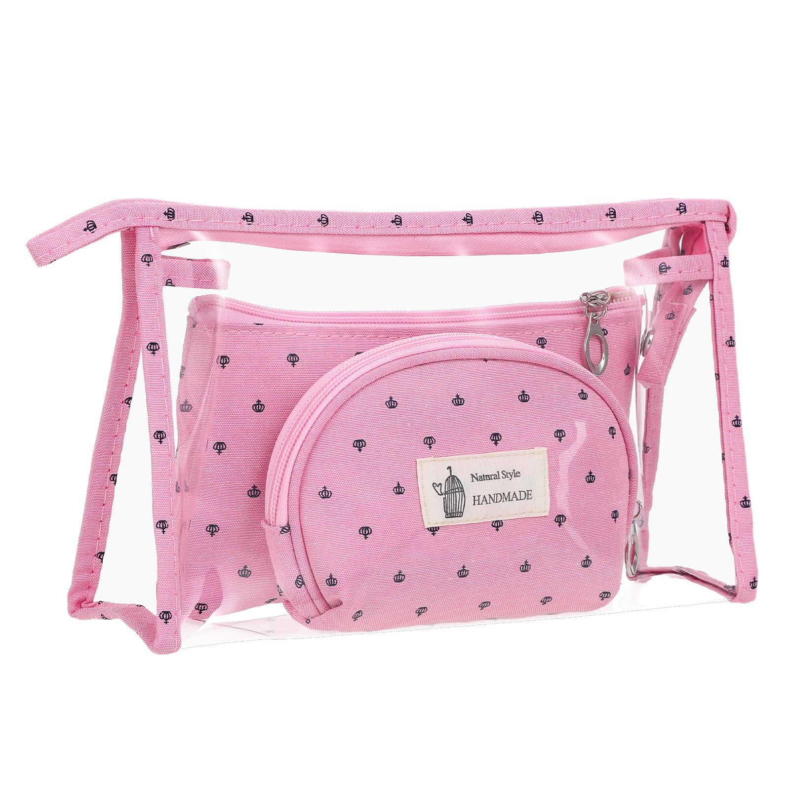 Jeffdad Juego de 3 neceseres para cosméticos, con cremallera, transparente, PVC, neceser de maquillaje, bolsa de viaje, bolsa de aseo para familia, mujeres y niñas, Rosa.