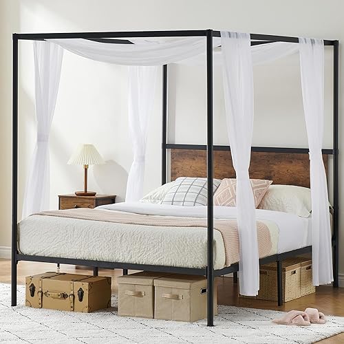 GAOMON Queen Size Canopy Bed Frame with Headboard, Four-Poster Platform Metal Bed Frame with Storage, Mattress Foundation with Wooden Slats Support, No Box Spring Needed, Easy Assembly,Black and Brown