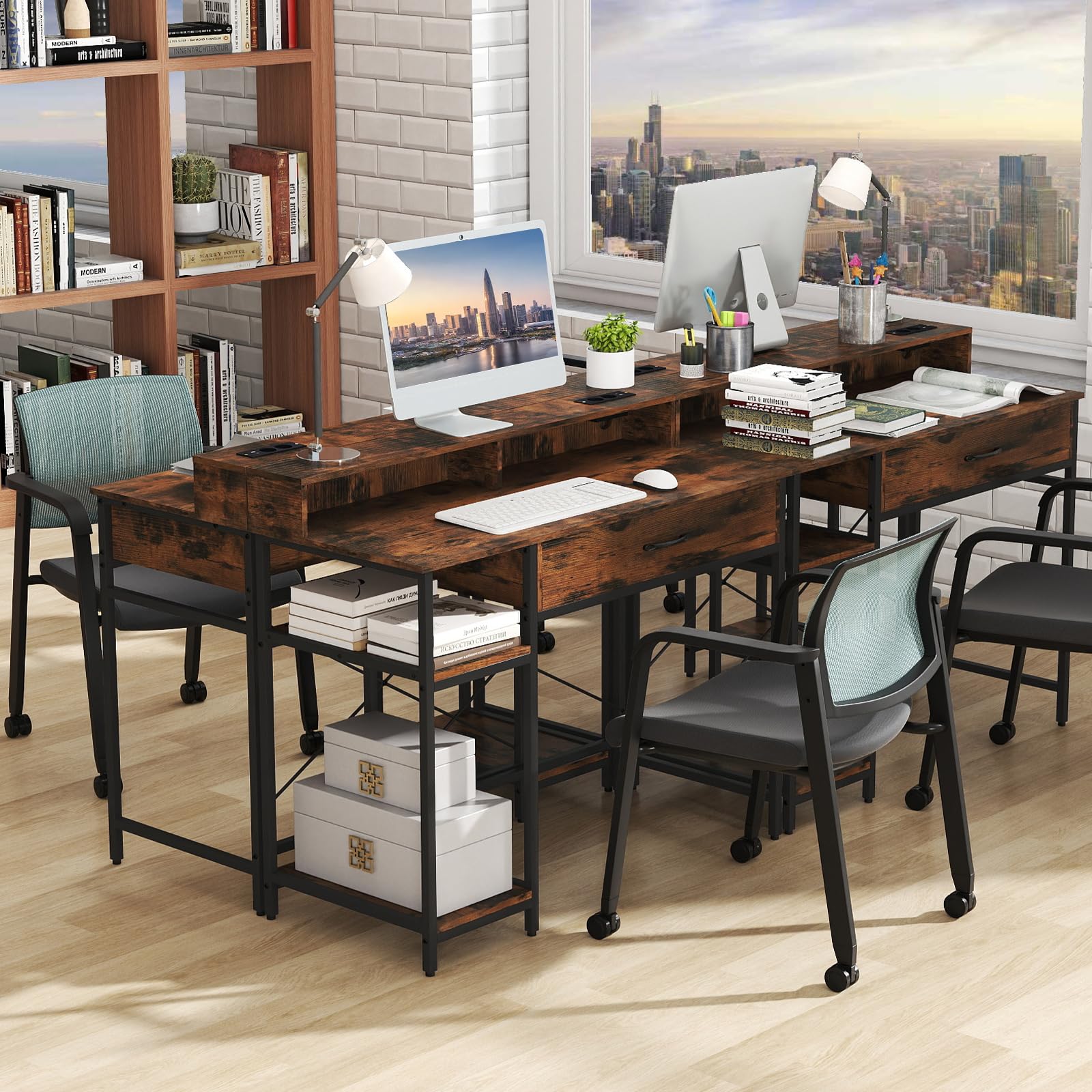 GIANTEX Escritorio de Ordenador con Cajón, 2 Estantes Laterales y 2 Cubos Abiertos, Mesa de Trabajo con Soporte de Monitor y Estación de Carga, 106x48x90,5cm, para Oficina, Dormitorio (Marrón)