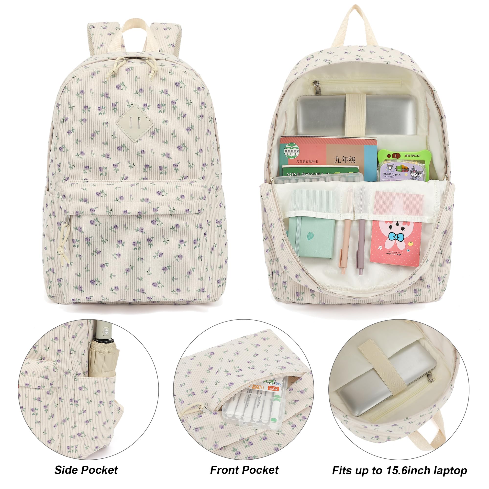 Corduroy Mädchen-Rucksack-Set, 3-teilig, Schulrucksäcke für Kinder, Grundschultaschen mit Lunchbox, Federmäppchen, Beigefarbener Kordsamt, Blumenmuster, Violett, 12.2"L x 6.7"W x 16.9"H