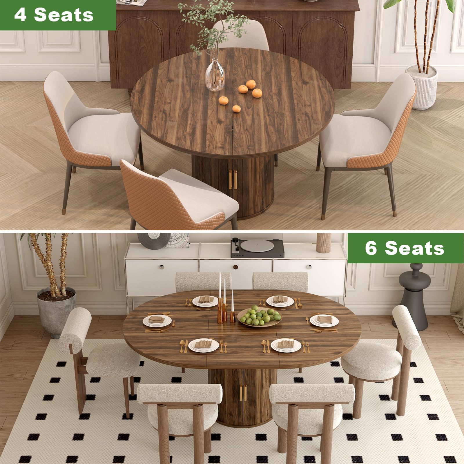 Esstisch Ausziehbar, Runder Esszimmertisch mit Holzsockel, Ausziehbar zu Oval, Moderner Küchentisch für 4-6 Personen, Rustikal Braun,Pedestal Base