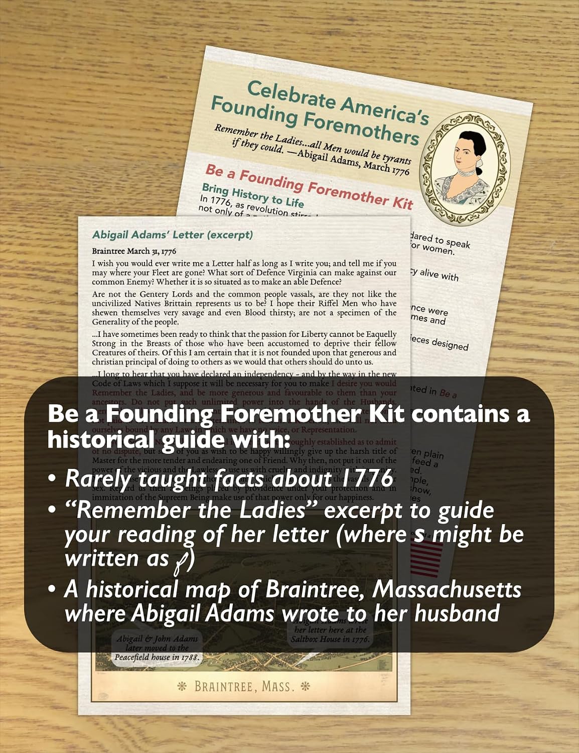 Colonial costume women,1776 Revolutionary War, Betsy Ross. 6-Item Costume Accessories Set with Mob Cap Bonnet, Apron, Shawl, Brooch, "Remember the Ladies" Sealed Letter & Guide. Dress not included.