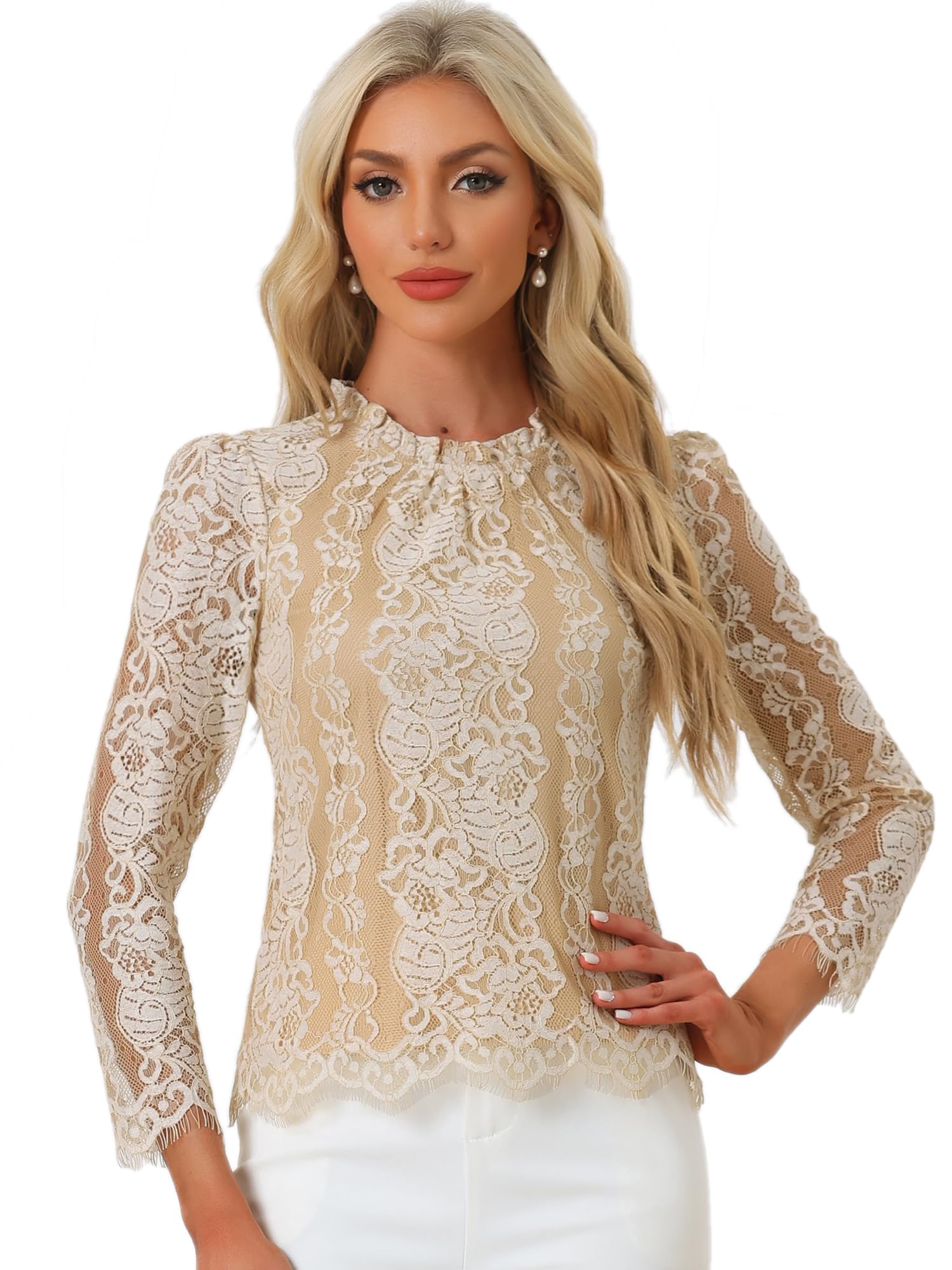 Allegra K Donna Top Pizzo Maniche Lunghe Scollo Arricciato Floreale Blusa