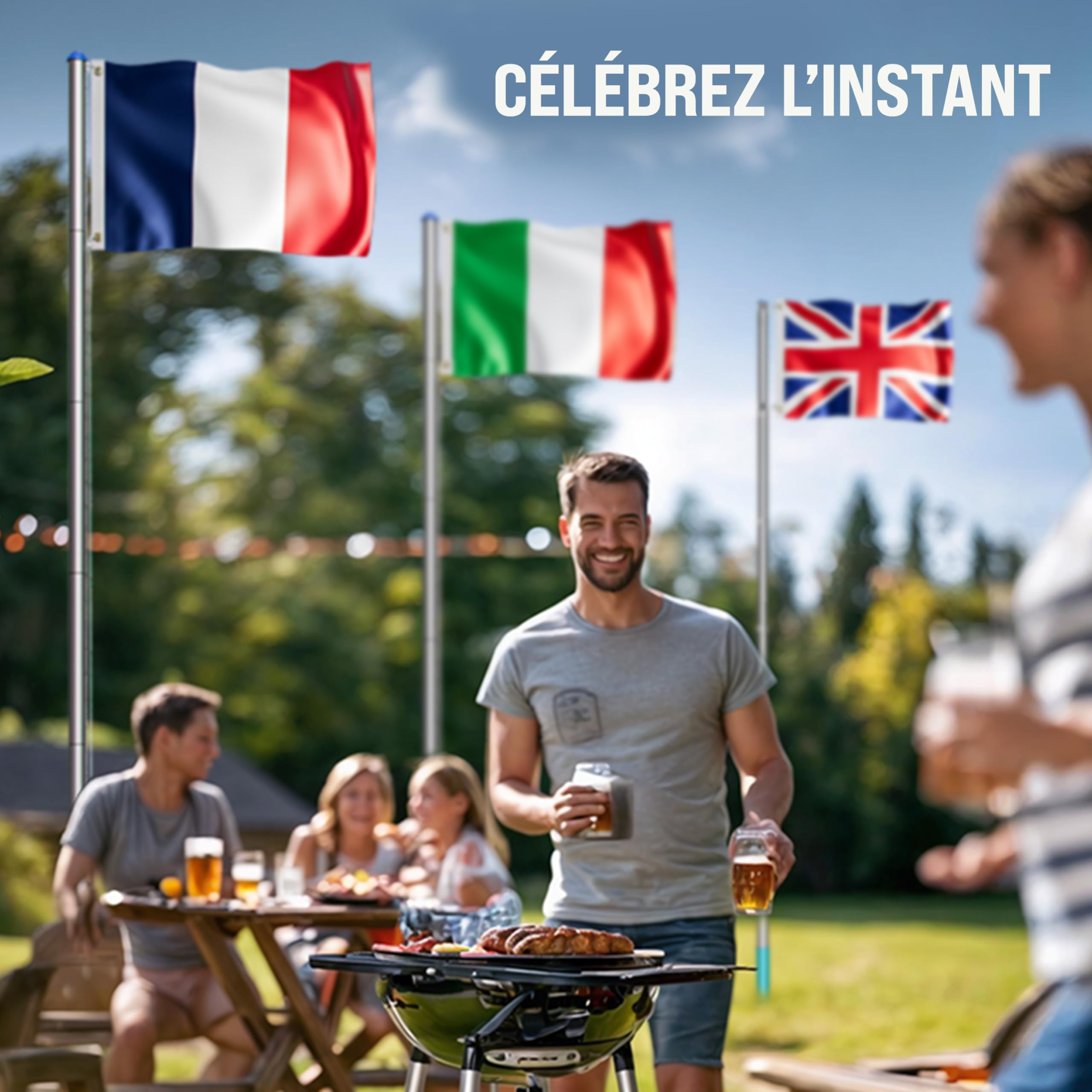 MONZANA® Mât de Drapeau Télescopique en Aluminium 6,5m - Cordelette de Hissage avec Douille de Sol, Réglable en Hauteur pour Jardin France