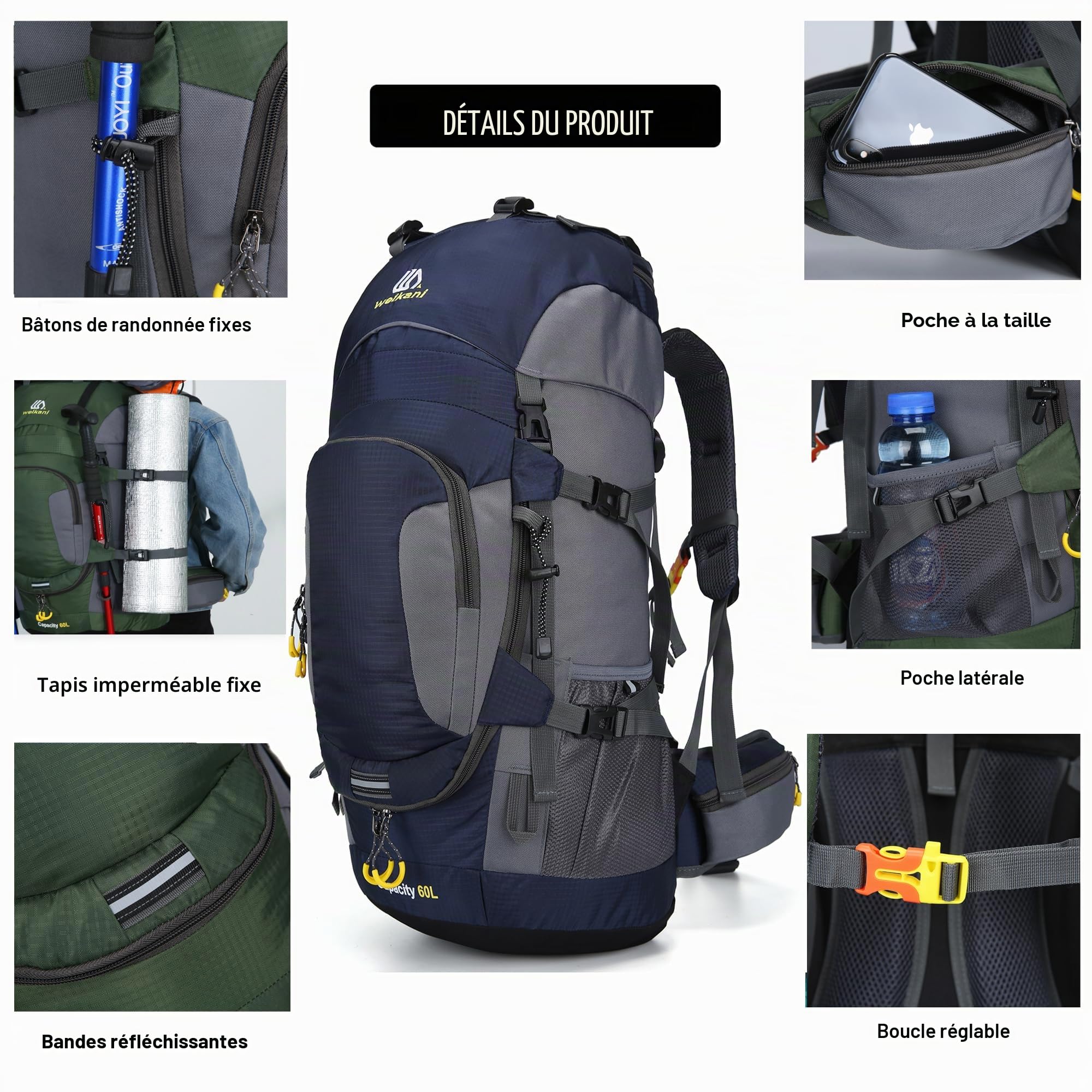 Sac à dos de randonnée de 60 l avec housse de pluie, imperméable, léger, grand sac à dos pour homme et femme, sac à dos de grande capacité pour randonnée, trekking, camping, sport