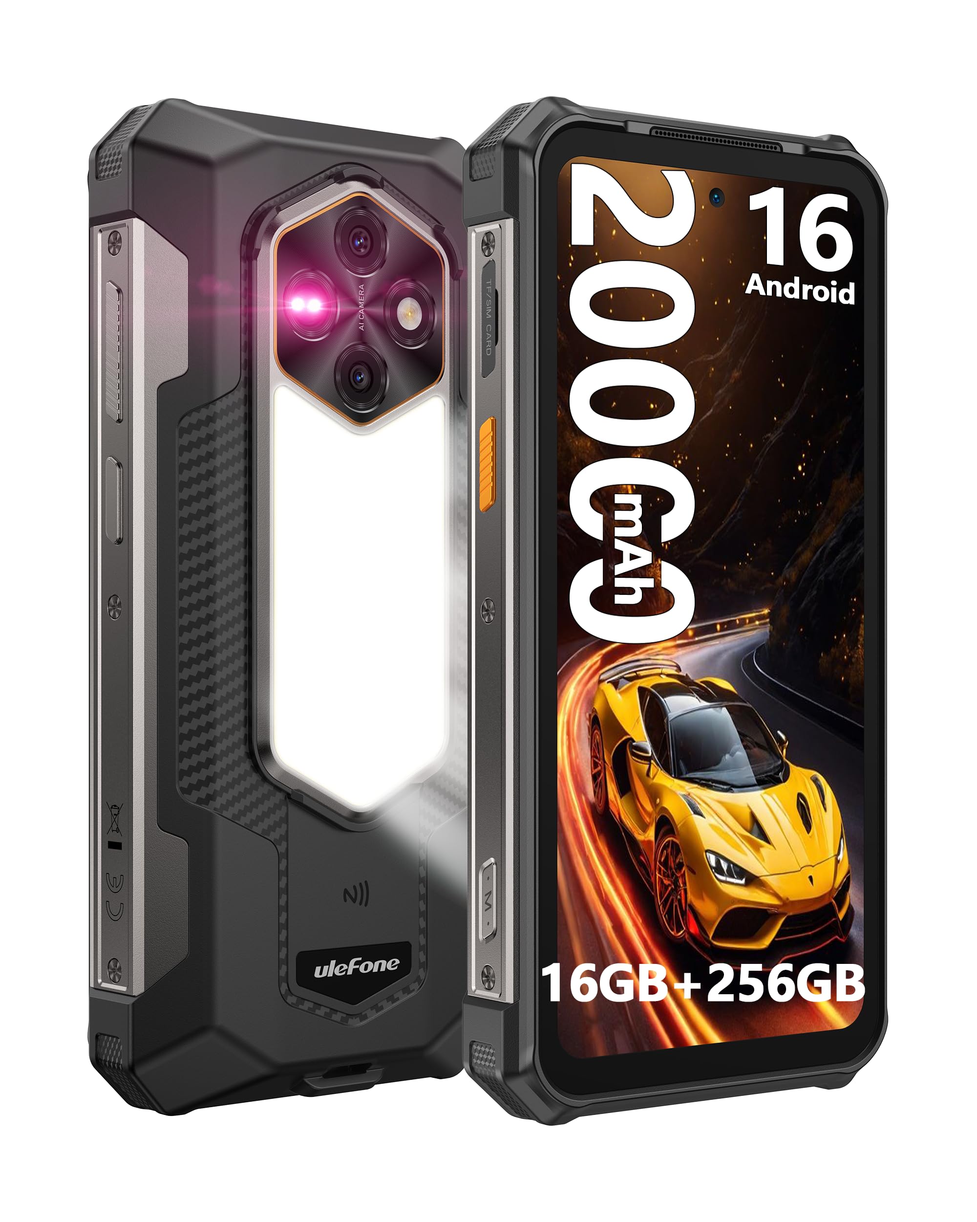 Ulefone RugKing 5 Pro Móvil Rugerizado 20000mAh con 1000 LM Luz de Acampada, Android 16 Movil Irrompible 16GB+256GB/2TB, AI Smartphone 6.78" FHD+, 64MP+20MP Visión Nocturna Dual 4G SIM/NFC/OTG-Negro