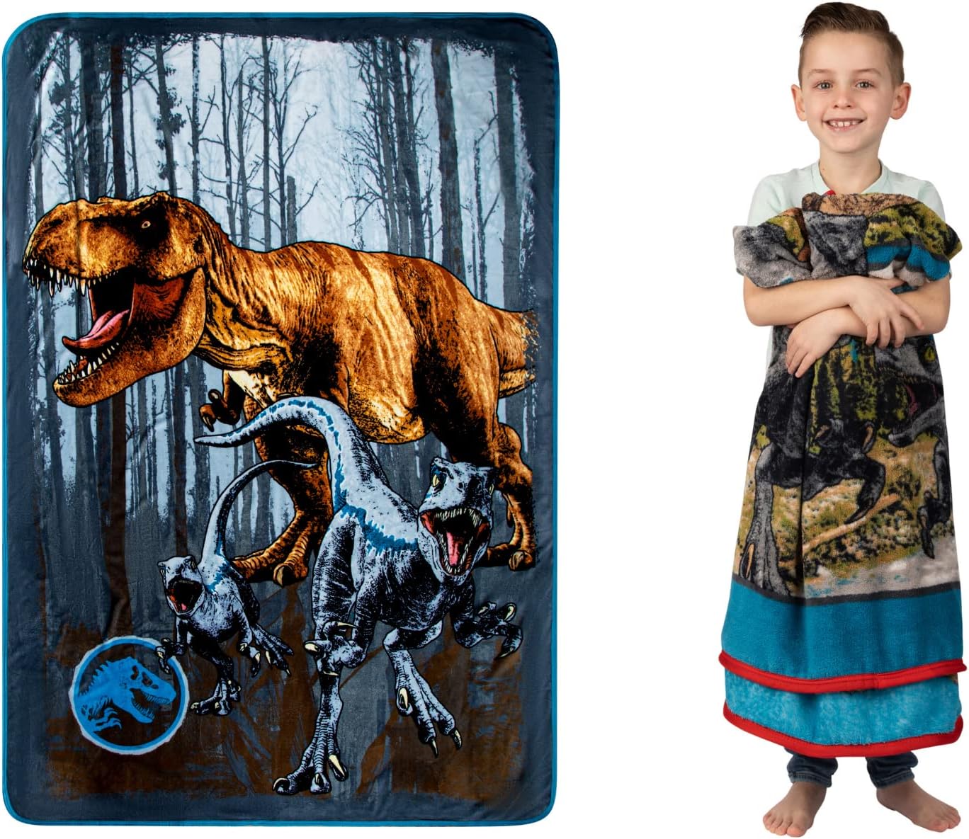 Jurassic World Dominion Blue Velociraptor and Rexy T-Rex Super Soft Plush Micro Raschel Blanket, 46 Inches x 60 Inches, Bedding by Franco Kids