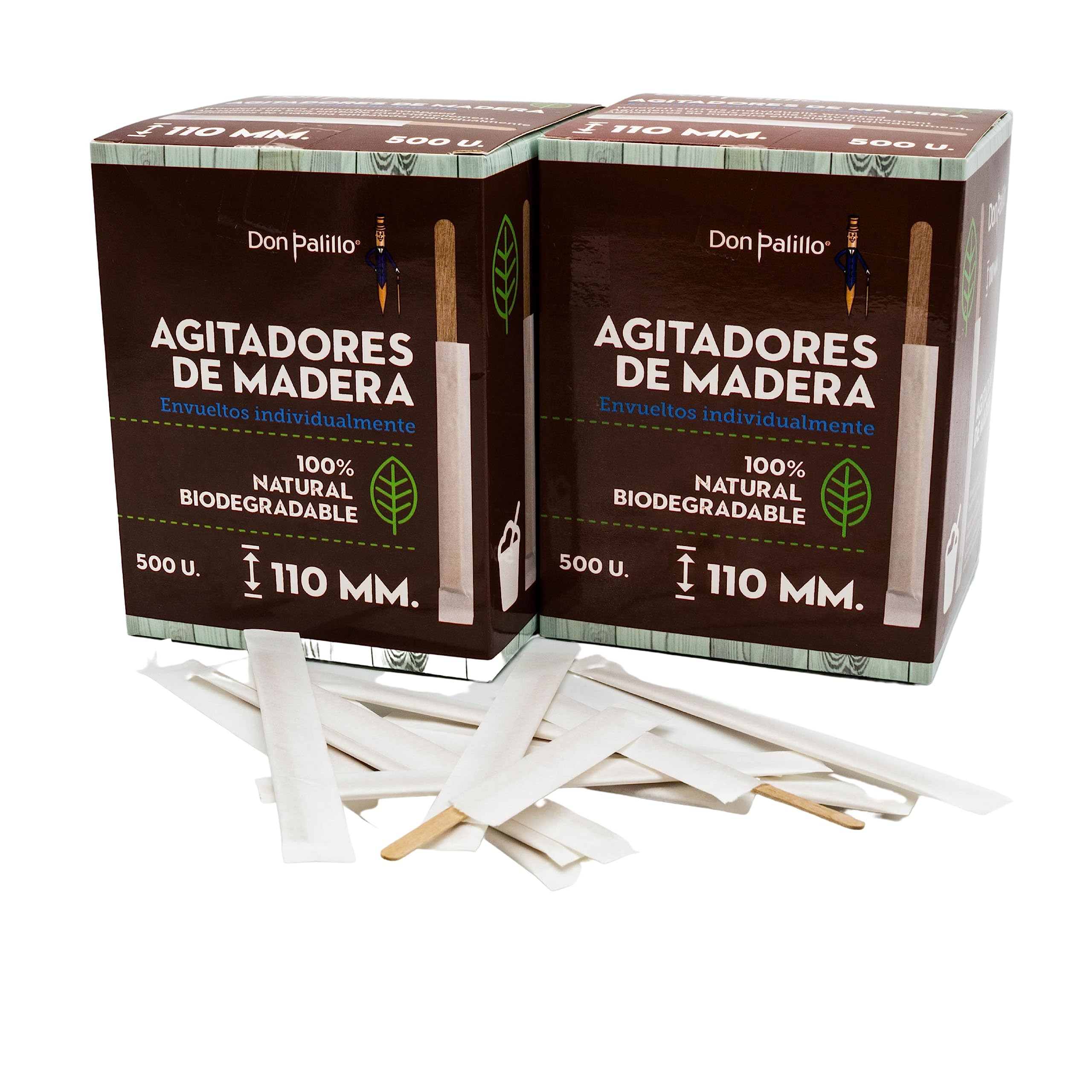 DON PALILLO - 1000 x 11cm Disposable Wood Stirrers Individually Wrapped (2), Light Brown