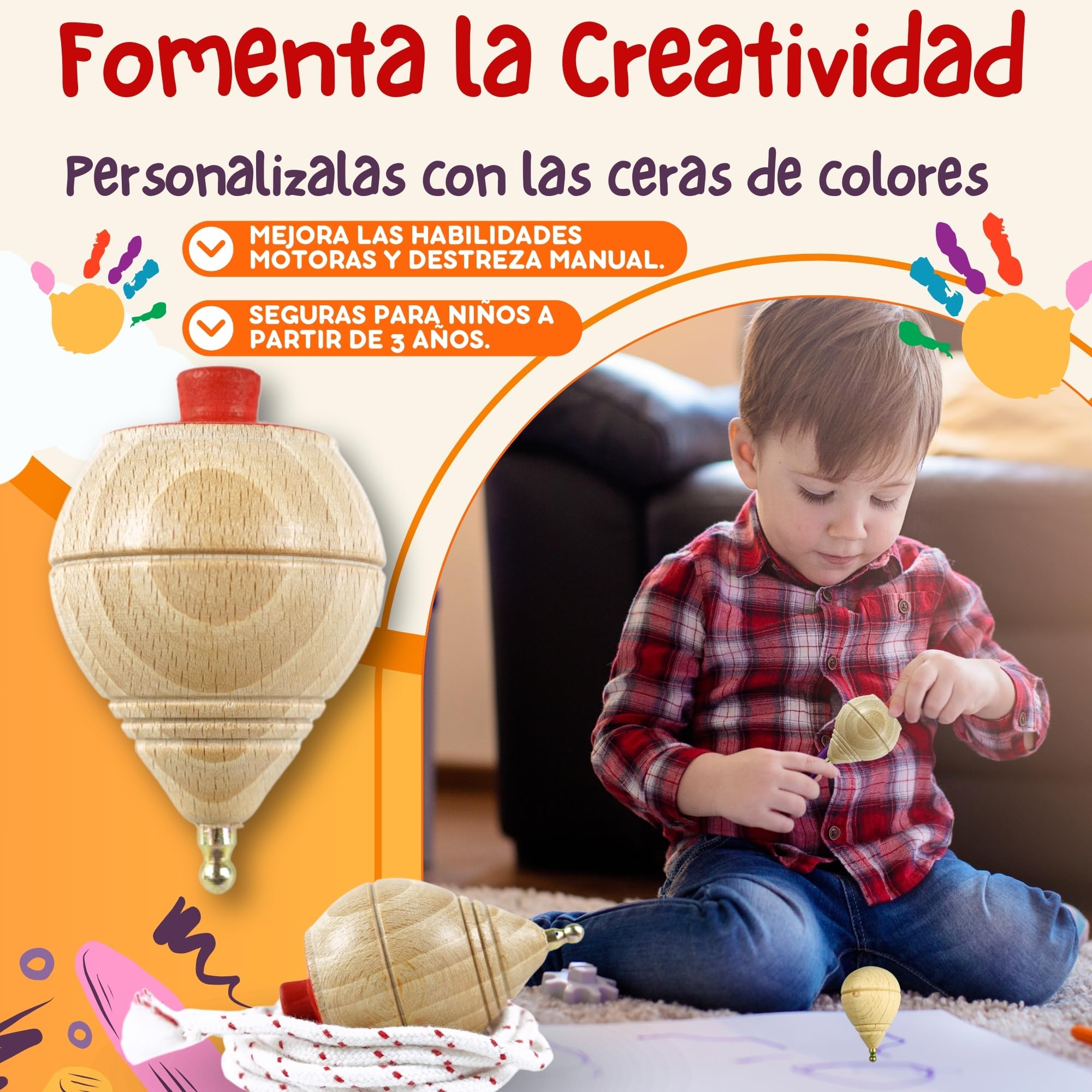 AF® - Peonza Madera, Set 2 Peonzas Niños + 6 Ceras de Colores para Niños + 2 bolsas transporte y 2 arandelas para la cuerda | Personaliza tu Trompo de Madera Tradicional — view 2