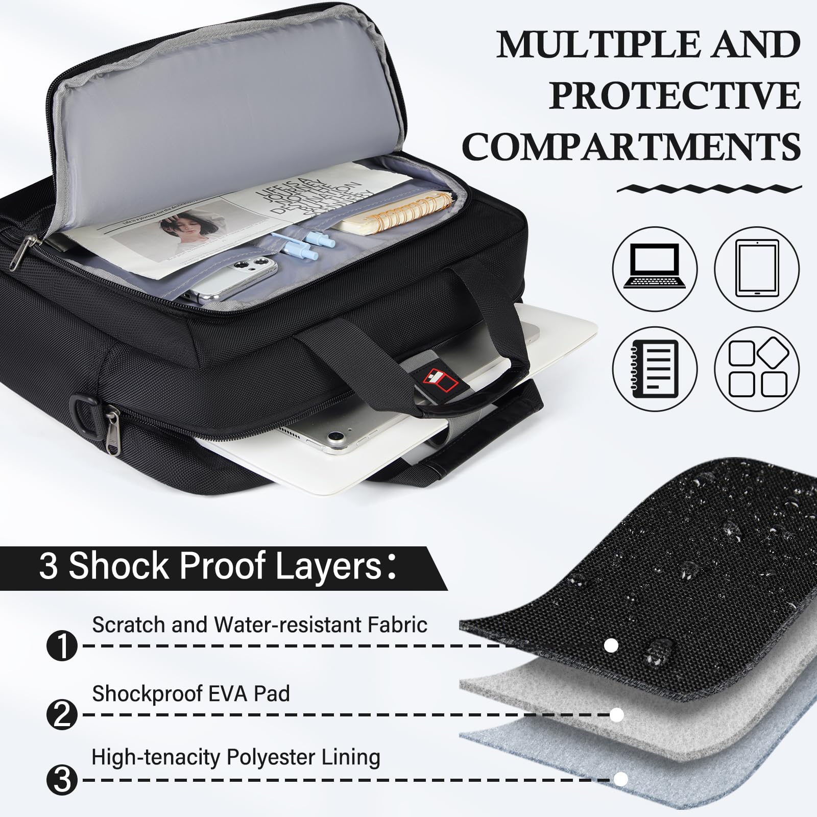 RAINSMORE Bolso Ordenador Portatil Hombre 17.3 Pulgadas Bandolera Hombre Bolsa Maletin Portatil Grande Bolsos Maletin Trabajo de Portadocumentos para Viaje Universidad Oficina Impermeable Negro