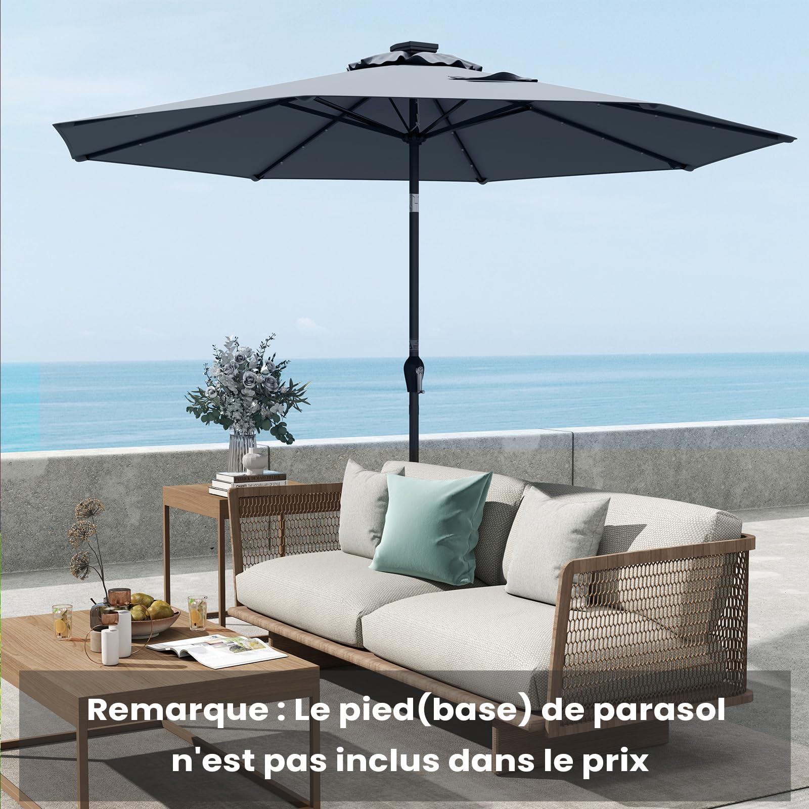 RELAX4LIFE Parasol Inclinable LED 3M à 8 Baleines en Fibre de Verre, Gris