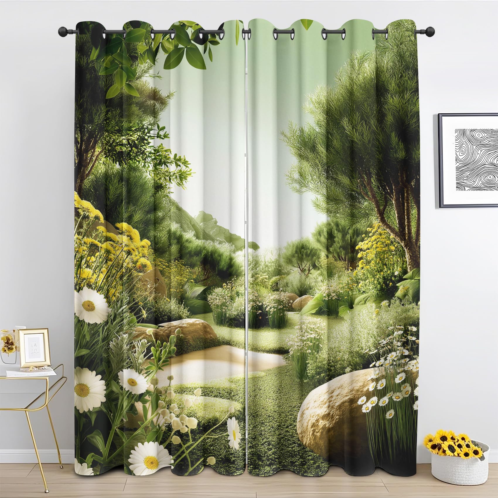 Generisch Natur Landschaft Vorhang, Grüne Bäume Wildblumen Blickdicht Gardinen für Wohnzimmer Schlafzimmer, Waldpflanzen Vorhänge mit Ösen Verdunklungsvorhänge - Deko Vorhänge 2er Set 110x215 cm