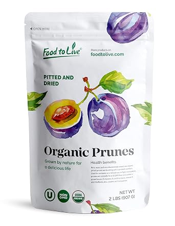 Food to Live Organic Pitted Prunes, 2 Pounds Dried California Plums, Non-GMO, Kosher, Unsulfured, Unsweetened, Bulk