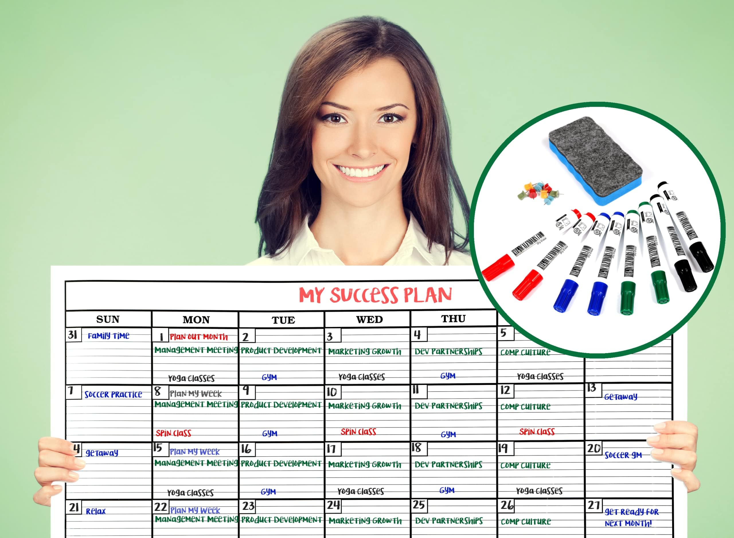 Mega Calendar Jumbo Dry Erase Laminated Wall Calendar, Huge 24-inch by 36-inch Size, Monthly Planner for Home Office Classroom, Large Date Boxes,Reusable PET Film,Never Folded,Bonus 5 Markers,8 Tacks