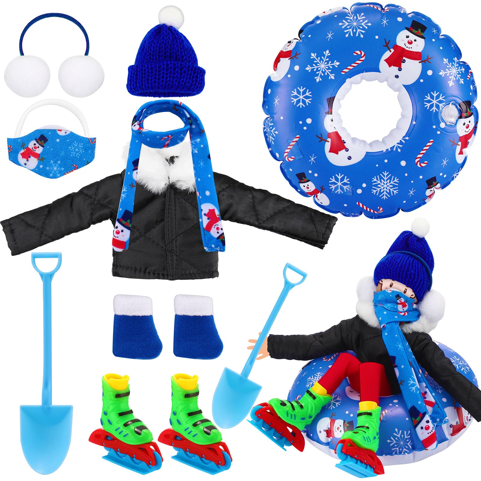 Jenaai 9 PCS Christmas Doll Accessories Set Christmas Clothing Includes Ear Muffs, Scarf, Cotton Padded Coat, Boot, Inflatable Snow Tube, Mask, Hat, Ice Skates, Shovel for Doll Decor
