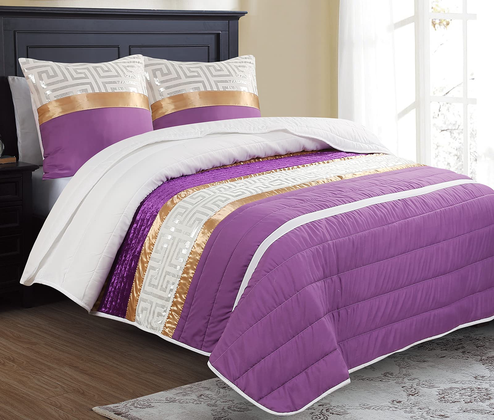 HaraDeco Colcha Jacquard Cosido - Colcha de Verano Decorativa con Fundas de Almohada 40x60 cm - Cubrecama para Todas Las Estaciones - Hogar y Hostelería (Lila, Cama 150)
