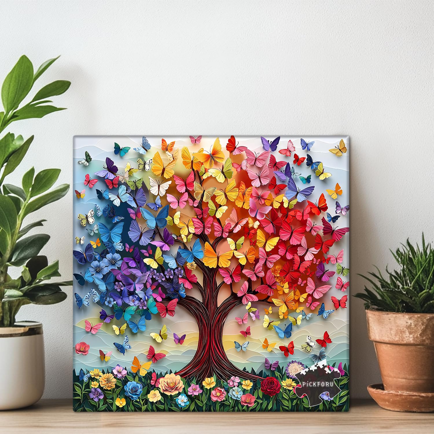 Rompecabezas coloridos de mariposa para adultos, 1000 piezas, árbol de la vida, rompecabezas floral arcoíris, tema único de arte de flores de primavera como decoración del hogar 3
