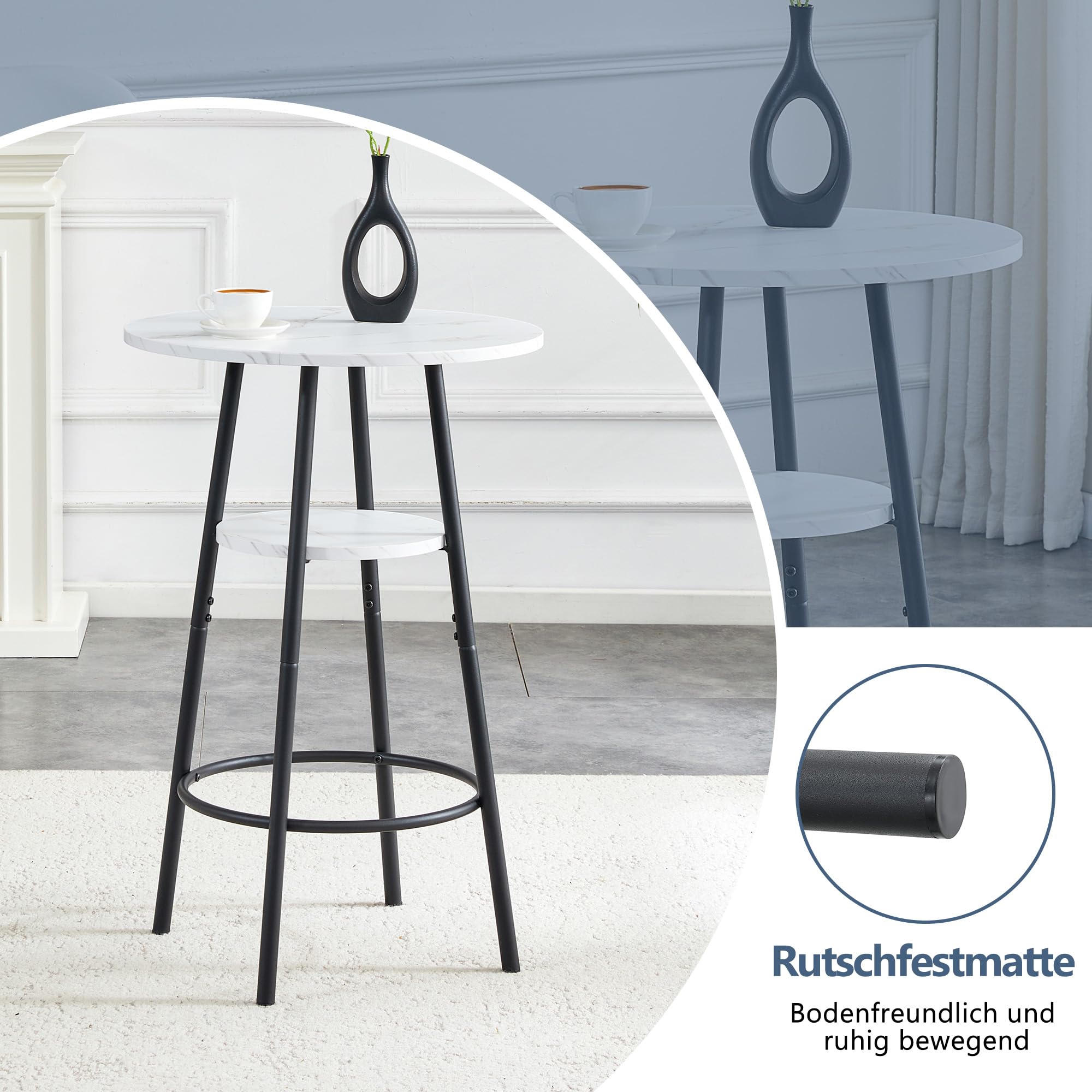 MURUL Bartisch Weißer Marmoroptik, 60 cm Stehtisch mit Stauraum & Schwarzem Metallrahmen, für Küche, Café & Esszimmer