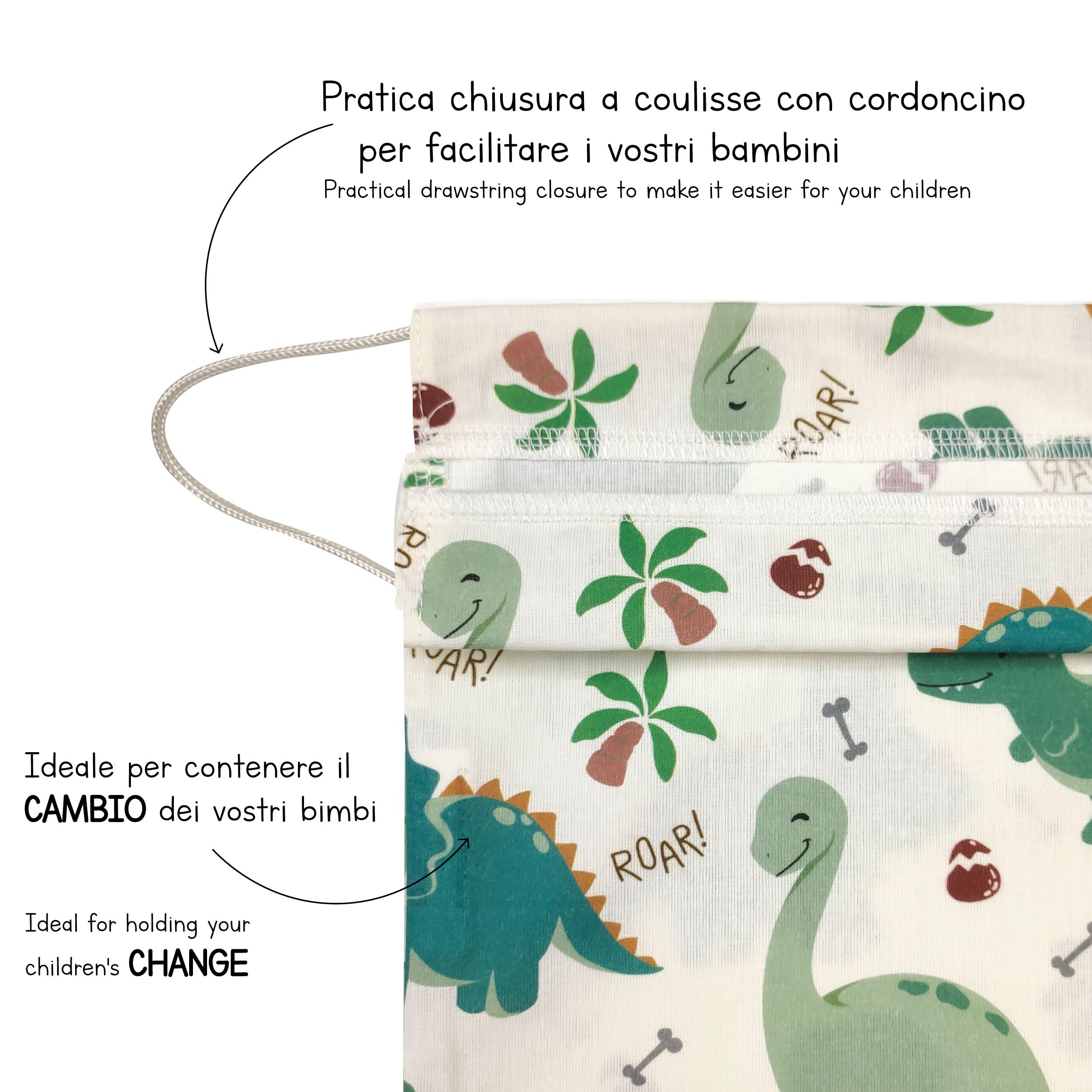 Sacchetto per il cambio asilo nido Panini Tessuti 100% Cotone 34x44 cm Dinosauri