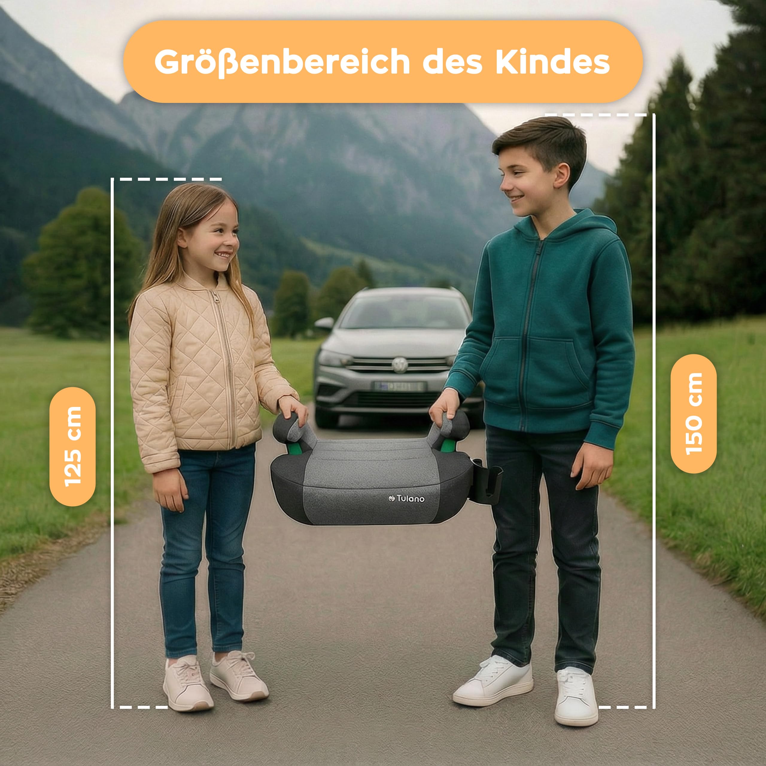 Tulano Cabby 35 Kindersitz - 15–36 kg - 125–150 cm ab 4 Jahren - ISOFIX | sichere Sitzerhöhung Auto Kinder - Vorwärtsgerichtet - ergonomisch gepolsterte Sitzfläche - waschbarer Bezug – Grau