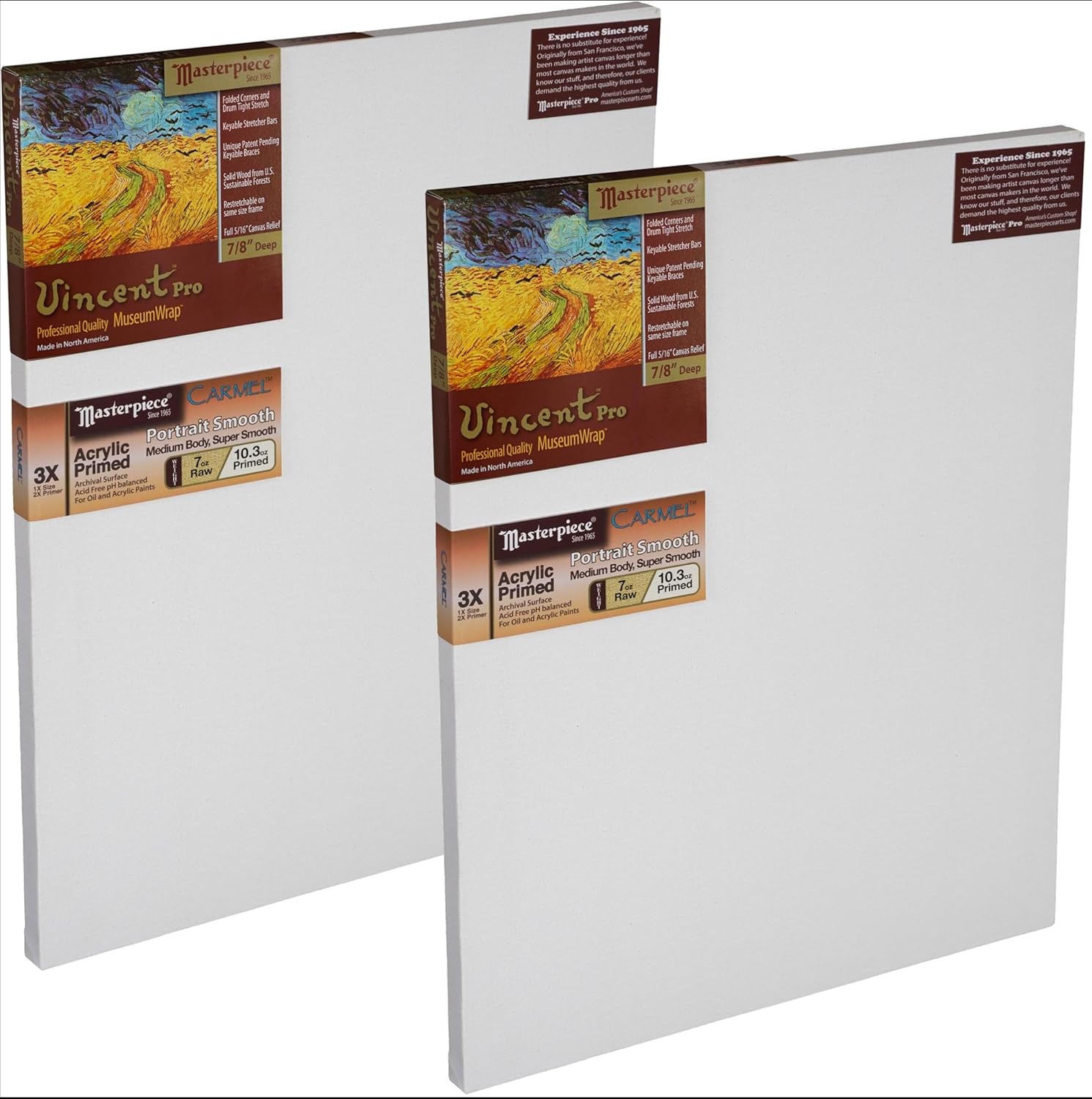 MASTERPIECE Z2VC-2842 Vincent Pro 7/8" Deep Carmel Portrait Smooth 10.3 oz Cotton Stretched Canvas 28" x 42" White 2 Pack