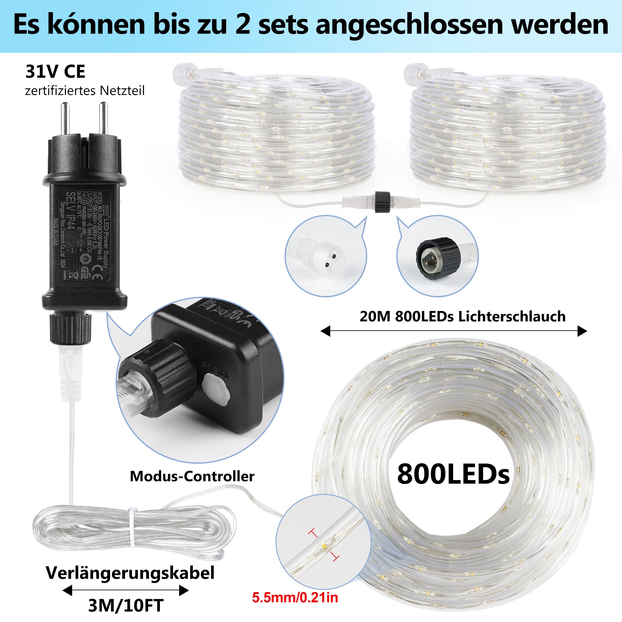 20 m 800 LED manguera exterior (diámetro: 5,5 mm), cadena de luz exterior conectable, luz blanca fría LED manguera de luz con mando a distancia, 8 modos de luz, funciona con corriente para jardín
