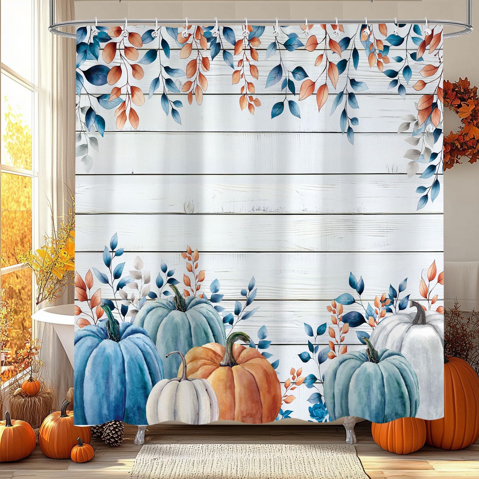 Fall Blue Pumpkin Shower Curtain, Autumn Thanksgiving Watercolor Leaves Floral Design Bath Curtains for Bathroom, Farmhouse Barn Door Decor Waterproof