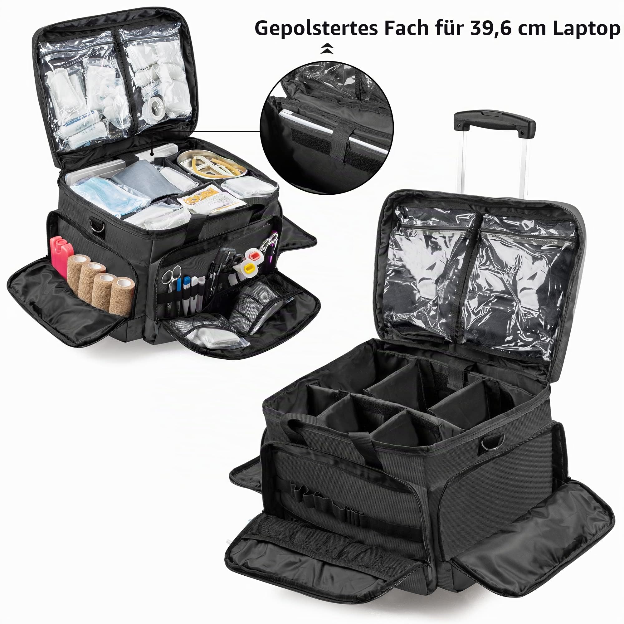 Trunab Rollende Medizinische Tasche mit Abnehmbarem Trolley, Notfalltasche mit Abnehmbaren Trennwänden, Erste-Hilfe-Tasche Leer für Ärzte, EMT, EMS-Profis, Schwarz–Patentiertes Design
