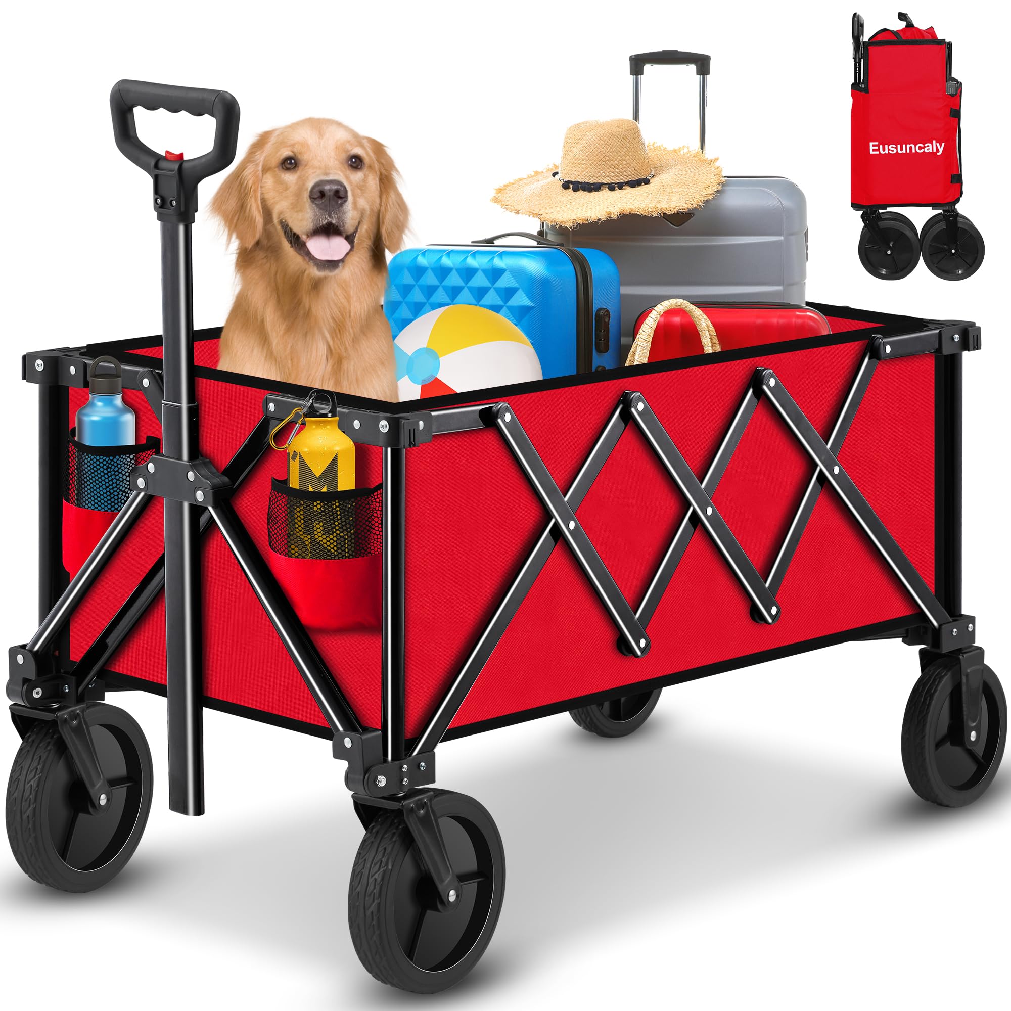 Collapsible Wagon Cart Heavy Duty for Groceries, Folding Beach Wagon with All Terrain Wheels, Utility Large Capacity Wagon with 2 Drink Holders for Outdoor Camping Shopping Sports, Red