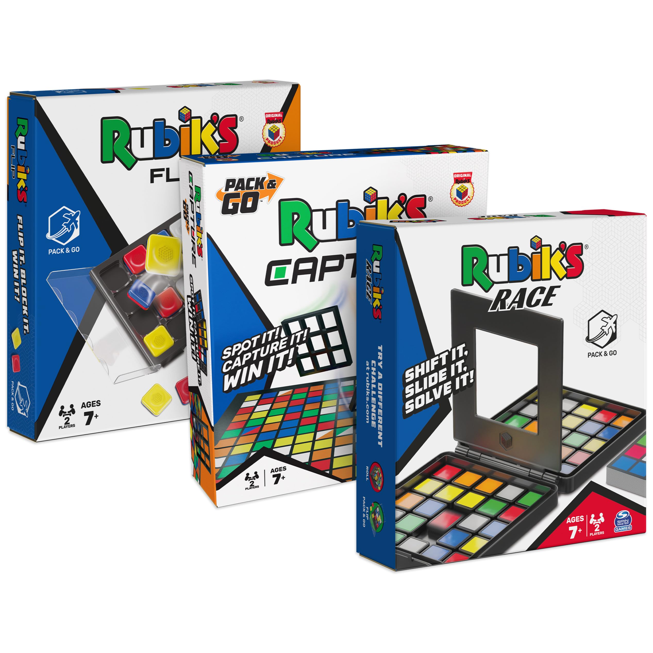 Rubik’s Cube, Pack & Go, 3-Pack Bundle of Games, Race, Flip, Capture, 2 Players, Amazon Exclusive, Problem-Solving Strategy Games, Travel-Sized Puzzles, Stocking Stuffers for Ages 7 & Up
