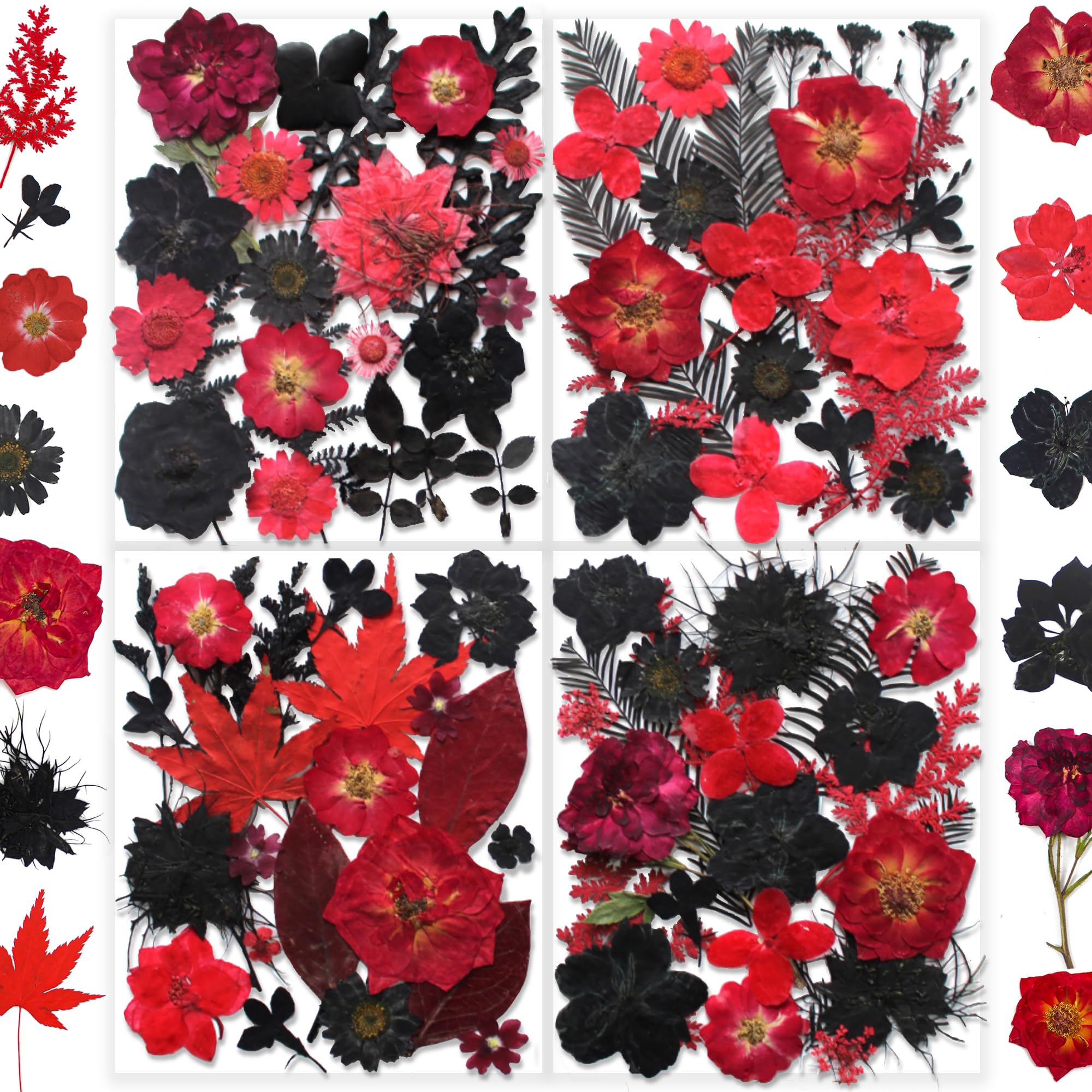YouthBro 141PCS Black Red Dried Pressed Flowers for Resin Real Nature Flowers Herb Set for Christmas DIY Candle Soap Vase Making Nail Card Scrapbook Art Craft Floral Decors