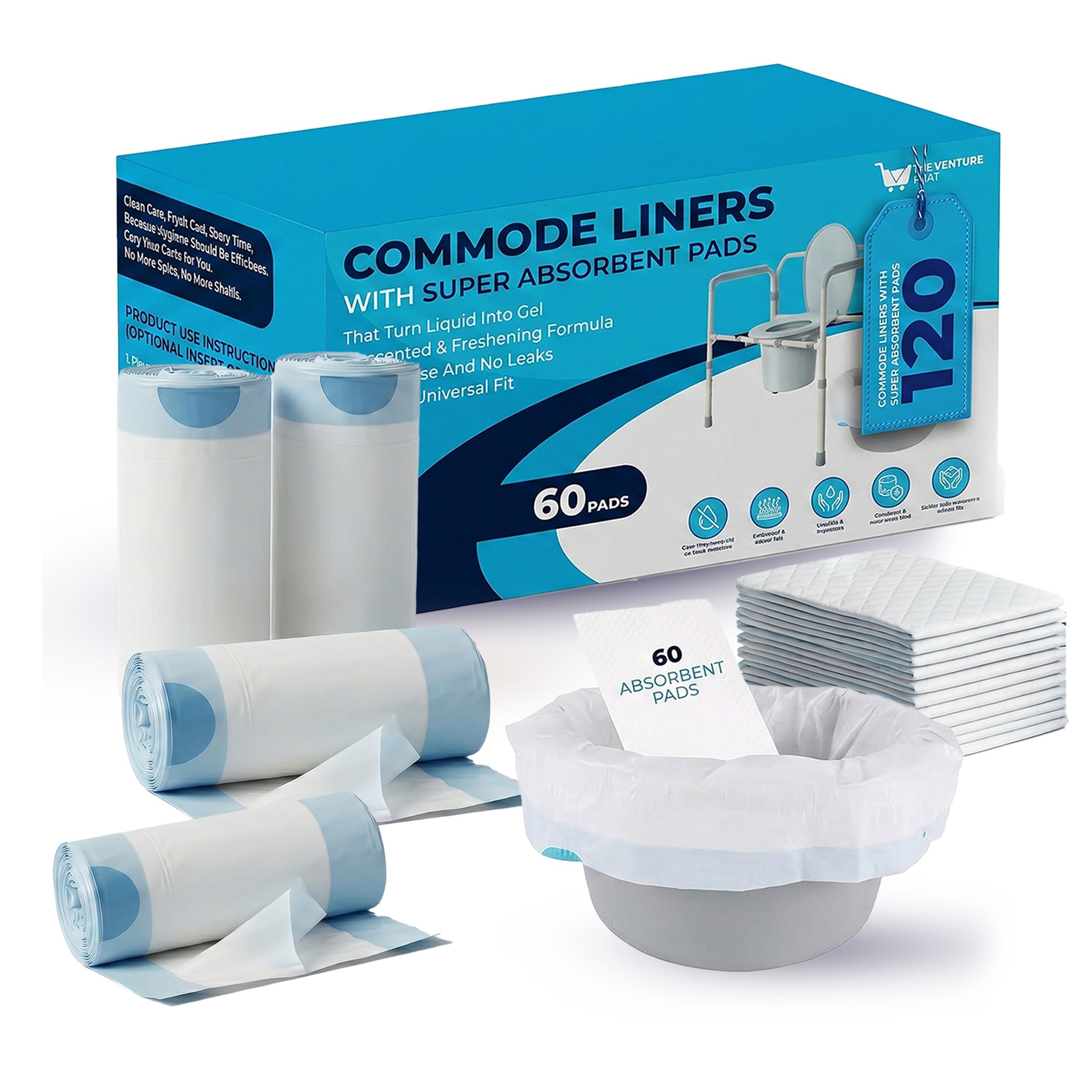 60 Pack Bedside Commode Liners with Absorbent Pads, 60 Bedside Commode Liners | 60 Commode Pads | Universal Fit for Portable Toilet Bags, Bedside Commode Bags and Toilet Liners