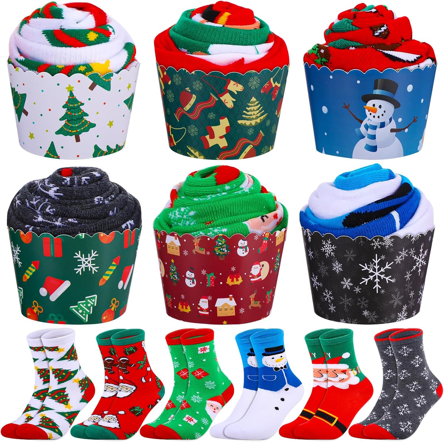 Suhine 6 Pairs Christmas Cupcake Socks for Xmas