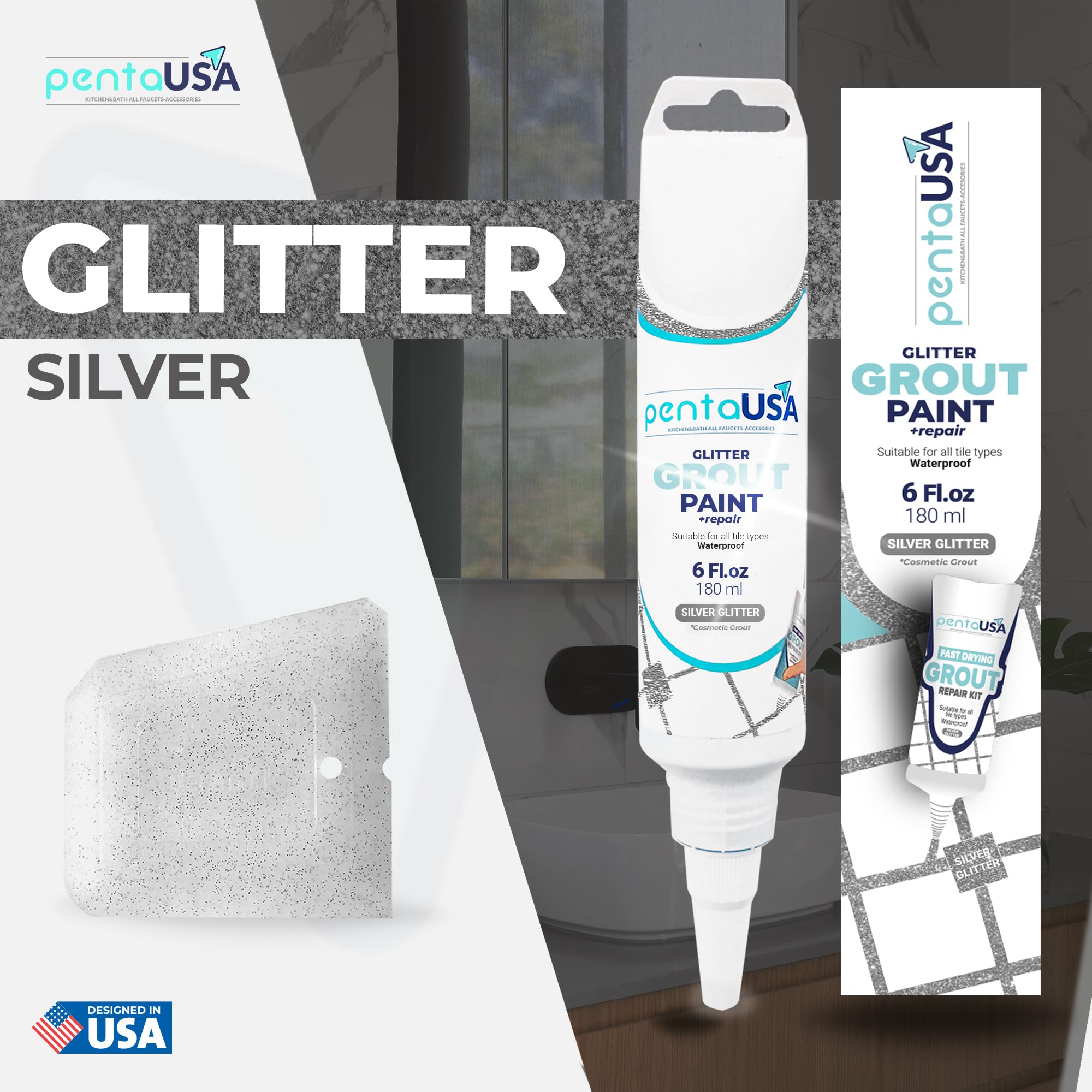 PentaUSA Joint Pailleté - Kit de joint prêt à l'emploi pour carrelage avec finition brillante et spatule - 180 ml (Argent)