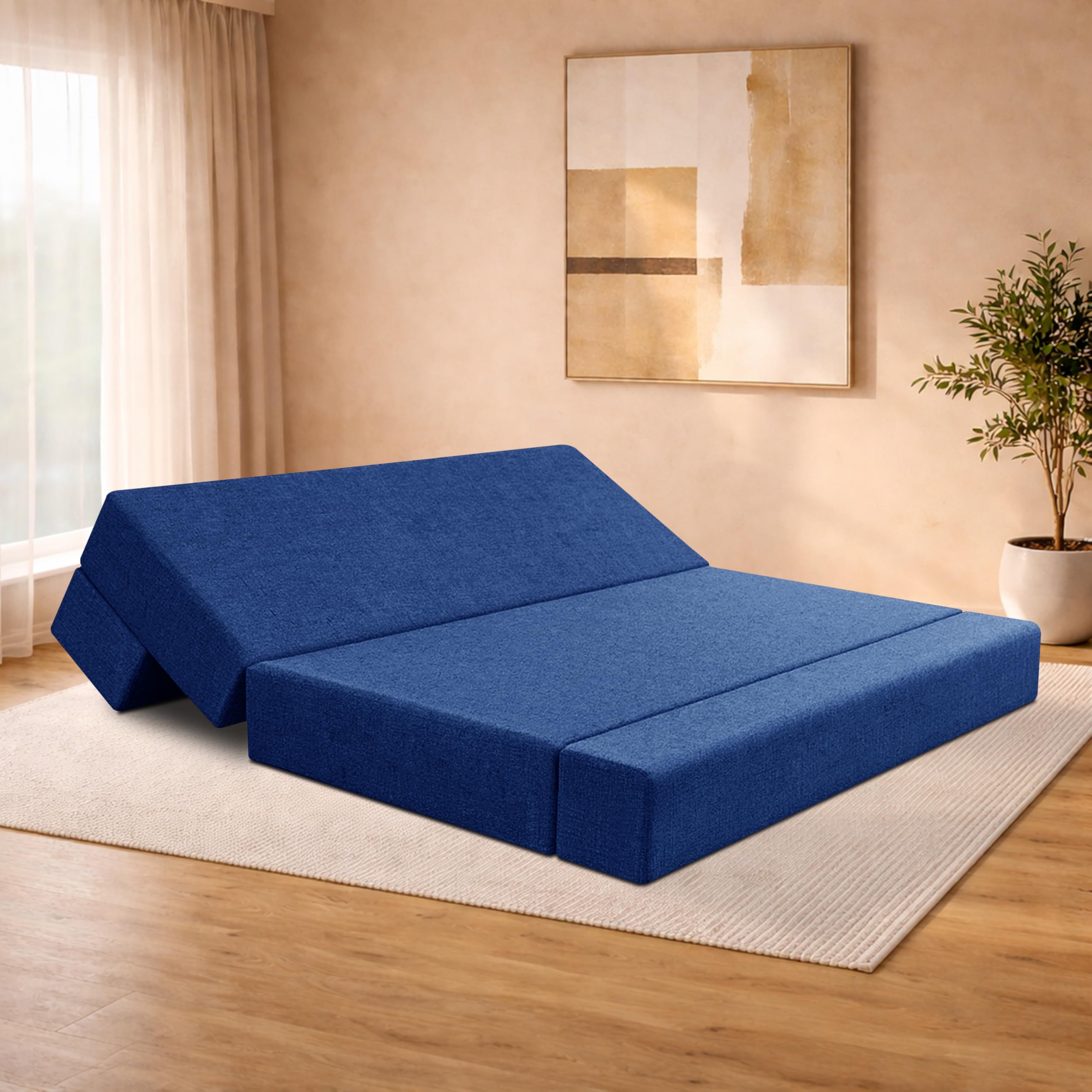 Three-Seater Sofa Cum Bed Foldable Sofa Cum Bed Washable & Zipper |Jute Finish Fabric - Blue | 5' X 6' Feet-image-36