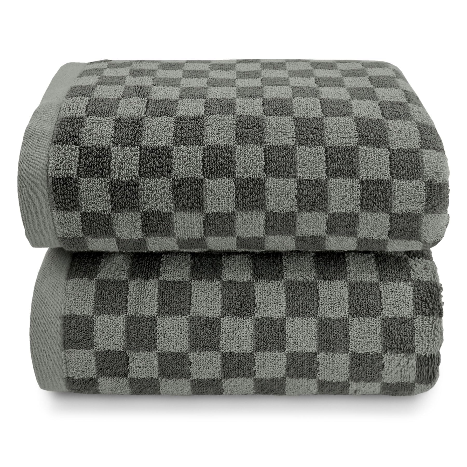 Serviette de bain grande taille en coton gris motif carreaux | Lot de 2