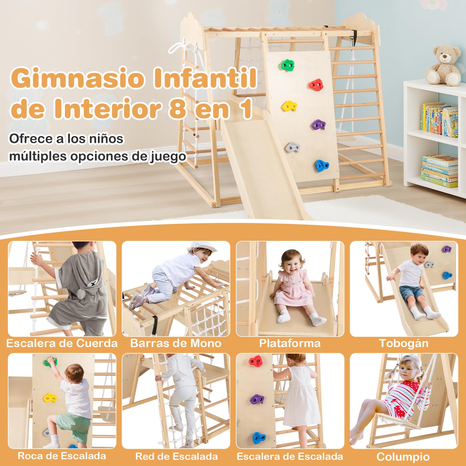 GOPLUS Estructura de Escalada Infantil de Madera 8 en 1, Triángulo para Niños con Tobogán, Escalera, Columpio y Barra, Centro de Actividades Montessori para Interiores, para Niños 3+ (Natural)